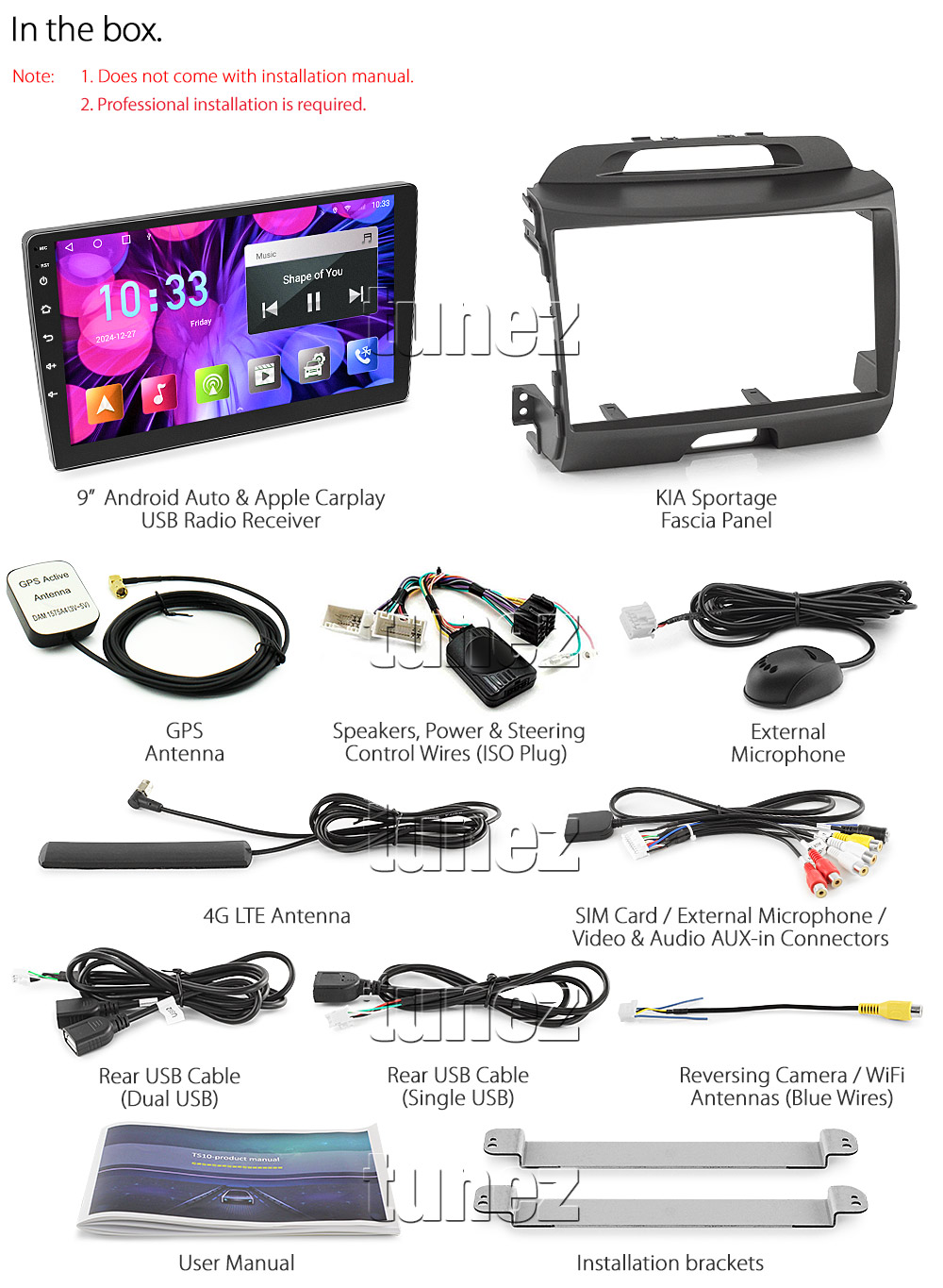 KS03AND GPS Aftermarket Kia Sportage SL 3rd Generation Gen 2010 2011 2012 2013 2014 2015 9-inch touchscreen Universal Double DIN Latest Australia UK European USA Original CarPlay Android Auto 10 Car USB player radio stereo 4G LTE WiFi head unit details Aftermarket External and Internal Microphone Bluetooth Europe Sat Nav Navi Plug and Play ISO Plug Wiring Harness Matching Fascia Kit Facia Free Reversing Camera Album Art ID3 Tag RMVB MP3 MP4 AVI MKV Full High Definition FHD 1080p DAB+ Digital Radio DAB + Connects2 CTSIZ001.2