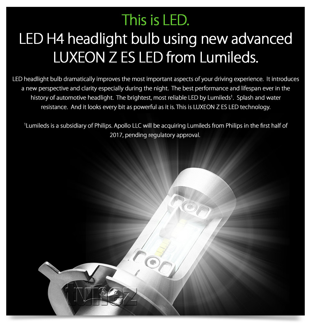 LEDH401 LED H4 HB2 9003 LUXEON Z ES ZES by Lumileds Philips Light Lamp Bulb Headlight Headlamp Head UK United Kingdom USA Australia Europe High Beam Low Hi Lo 6500K Daylight Colour Color Bright White Heat Sink Waterproof Dustproof 6063 Auluminium Alloy IP65 External Driver Detachable 2-Year Warranty 24-months Direct Replacement For Halogen and Xenon 4000lm 4000 lumens 25W 50W 100W 16000lm 16000 8000 8000lm