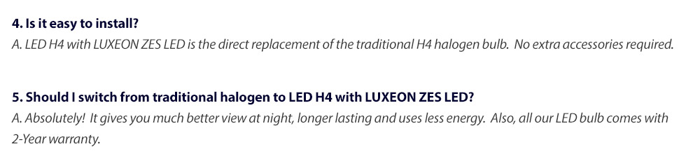 LEDH401 LED H4 HB2 9003 LUXEON Z ES ZES by Lumileds Philips Light Lamp Bulb Headlight Headlamp Head UK United Kingdom USA Australia Europe High Beam Low Hi Lo 6500K Daylight Colour Color Bright White Heat Sink Waterproof Dustproof 6063 Auluminium Alloy IP65 External Driver Detachable 2-Year Warranty 24-months Direct Replacement For Halogen and Xenon 4000lm 4000 lumens 25W 50W 100W 16000lm 16000 8000 8000lm