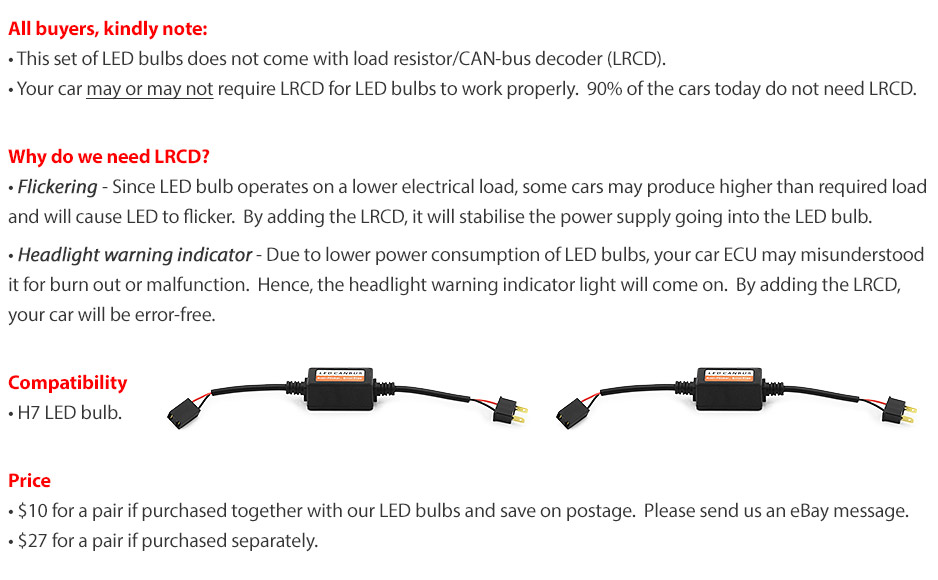 LEDH701C LED H7 PX26d LUXEON Z ES ZES by Lumileds Philips Light Lamp Bulb Headlight Headlamp Head UK United Kingdom USA Australia Europe High Beam Low Hi Lo 6500K Daylight Colour Color Bright White Car LED Load Resistor CAN Bus CANBus Decoder Error Free Canceller Pair Kit