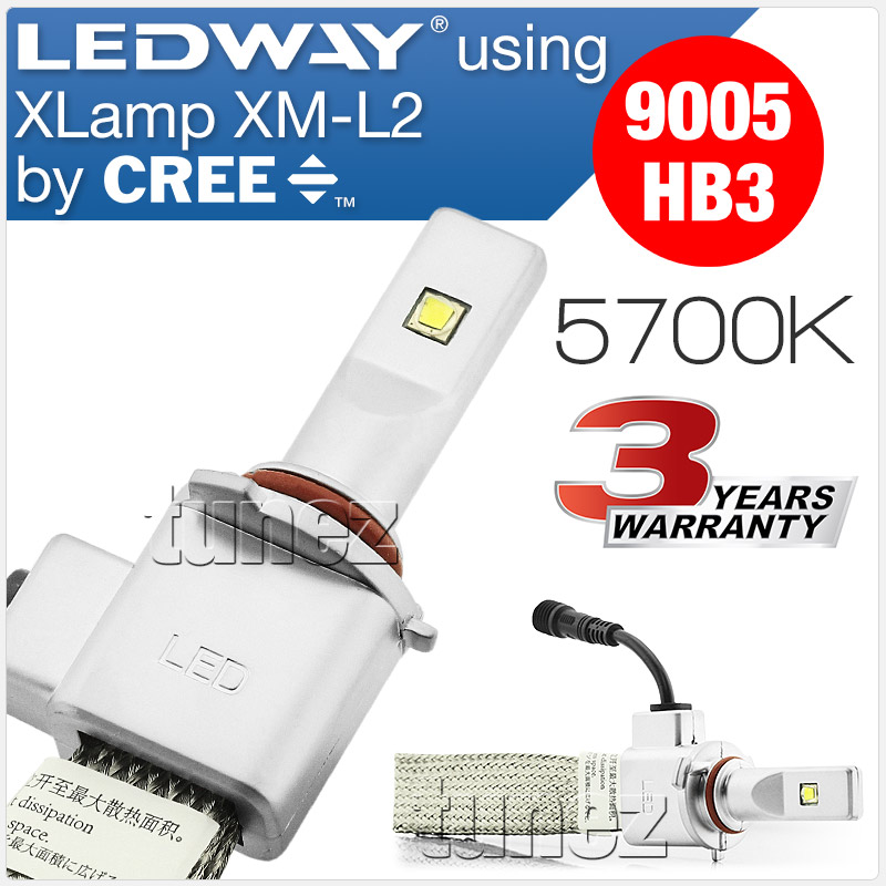 LEDLW9005 LEDway LED HB3 9005 P20d XLamp XHP50 XM-L2 by CREE Light Lamp Bulb Bulbs Headlight Headlamp Head UK United Kingdom USA Australia Europe High Beam Low Hi Lo 5700K Daylight Colour Color Bright White Copper Braided Extra Wide Flexible Heat Sink Waterproof Dustproof 6063 Aluminium Alloy IP65 External Driver Detachable 3-Year Warranty 36-months Direct Replacement Conversion Kit For Halogen and Xenon 5200lm 5200 lumens 30W 60W 120W 20800lm 20800 10400 10400lm