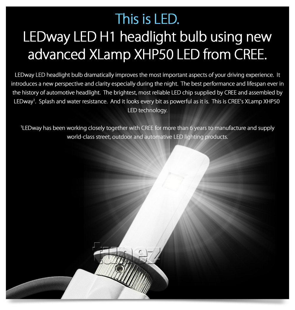 LEDLWH101 LEDway LED H1 P14.5s XLamp XHP50 XM-L2 by CREE Light Lamp Bulb Bulbs Headlight Headlamp Head UK United Kingdom USA Australia Europe High Beam Low Hi Lo 5700K Daylight Colour Color Bright White Copper Braided Extra Wide Flexible Heat Sink Waterproof Dustproof 6063 Aluminium Alloy IP65 External Driver Detachable 3-Year Warranty 36-months Direct Replacement Conversion Kit For Halogen and Xenon 5200lm 5200 lumens 30W 60W 120W 20800lm 20800 10400 10400lm
