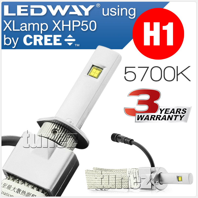 LEDLWH101 LEDway LED H1 P14.5s XLamp XHP50 XM-L2 by CREE Light Lamp Bulb Bulbs Headlight Headlamp Head UK United Kingdom USA Australia Europe High Beam Low Hi Lo 5700K Daylight Colour Color Bright White Copper Braided Extra Wide Flexible Heat Sink Waterproof Dustproof 6063 Aluminium Alloy IP65 External Driver Detachable 3-Year Warranty 36-months Direct Replacement Conversion Kit For Halogen and Xenon 5200lm 5200 lumens 30W 60W 120W 20800lm 20800 10400 10400lm