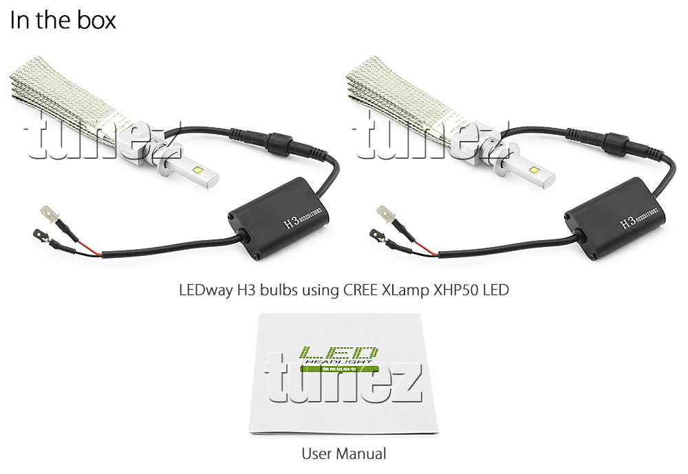 LEDLWH301 LEDway LED H3 PK22s XLamp XHP50 XM-L2 by CREE Light Lamp Bulb Bulbs Headlight Headlamp Head Cap Base UK United Kingdom USA Australia Europe High Beam Low Hi Lo 5700K Daylight Colour Color Bright White Copper Braided Extra Wide Flexible Heat Sink Waterproof Dustproof 6063 Aluminium Alloy IP65 External Driver Detachable 3-Year Warranty 36-months Direct Replacement Replace Conversion Kit For Halogen and Xenon 5200lm 5200 lumens 30W 60W 120W 20800lm 20800 10400 10400lm