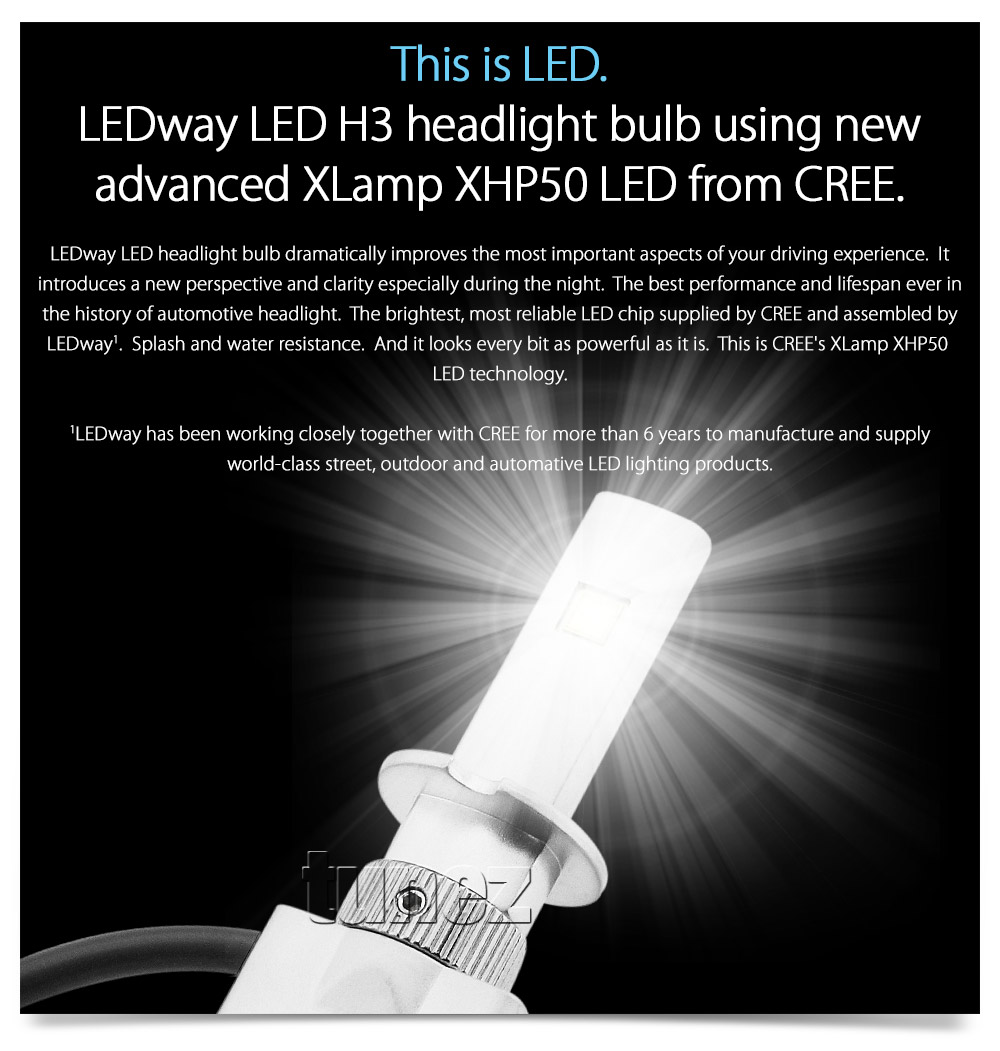 LEDLWH301 LEDway LED H3 PK22s XLamp XHP50 XM-L2 by CREE Light Lamp Bulb Bulbs Headlight Headlamp Head Cap Base UK United Kingdom USA Australia Europe High Beam Low Hi Lo 5700K Daylight Colour Color Bright White Copper Braided Extra Wide Flexible Heat Sink Waterproof Dustproof 6063 Aluminium Alloy IP65 External Driver Detachable 3-Year Warranty 36-months Direct Replacement Replace Conversion Kit For Halogen and Xenon 5200lm 5200 lumens 30W 60W 120W 20800lm 20800 10400 10400lm