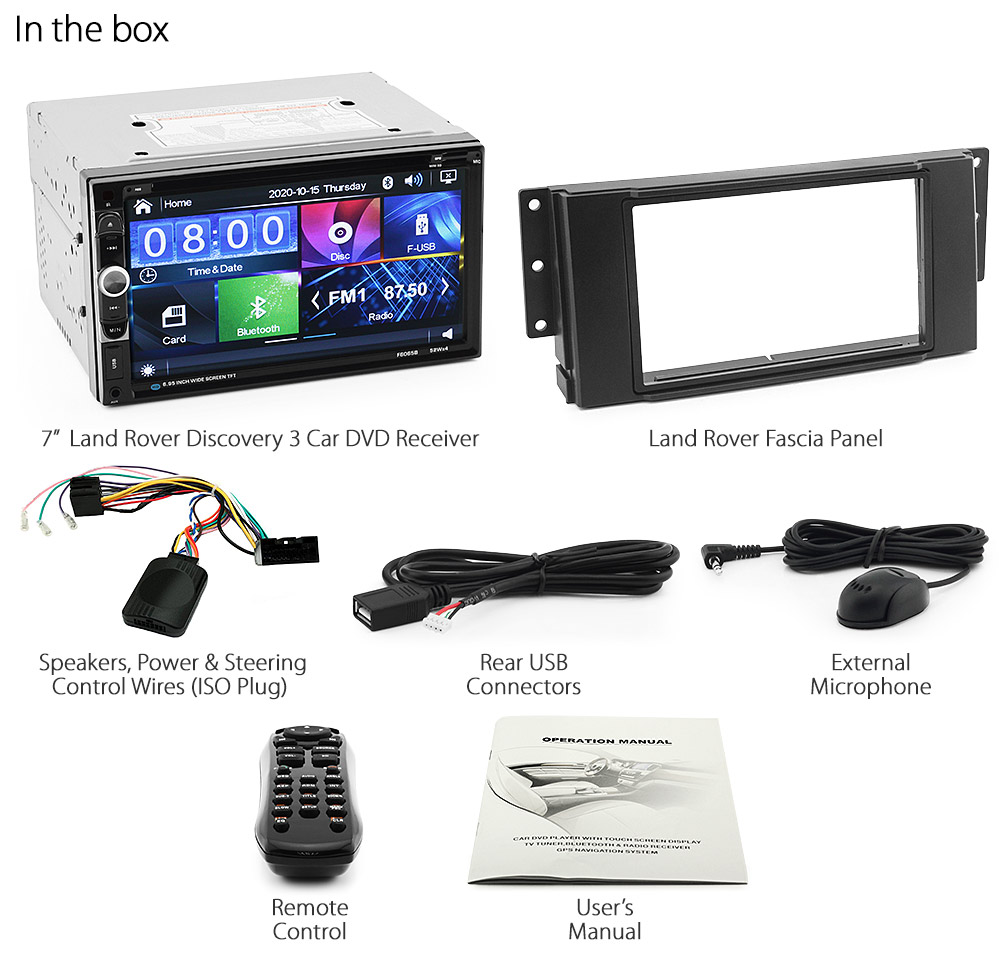 LRD05DVD Land Rover Disco Discovery 3 Freelander 2 Generation Gen Year 2005 2006 2007 2008 2009 2010 2011 7-inch Double-DIN car DVD CD USB SD Card player radio stereo head unit details Aftermarket RMVB MP3 MP4 720p External Bluetooth Microphone UK Europe Australia USA Fascia Facia Kit ISO Wiring Harness Free Reversing Camera High Definition 3.5mm AUX-in Plug and Play Installation Dimension tunez tunezmart Patch Lead Steering Wheel Control Compatible SWC CTSLR006.2 Connects2