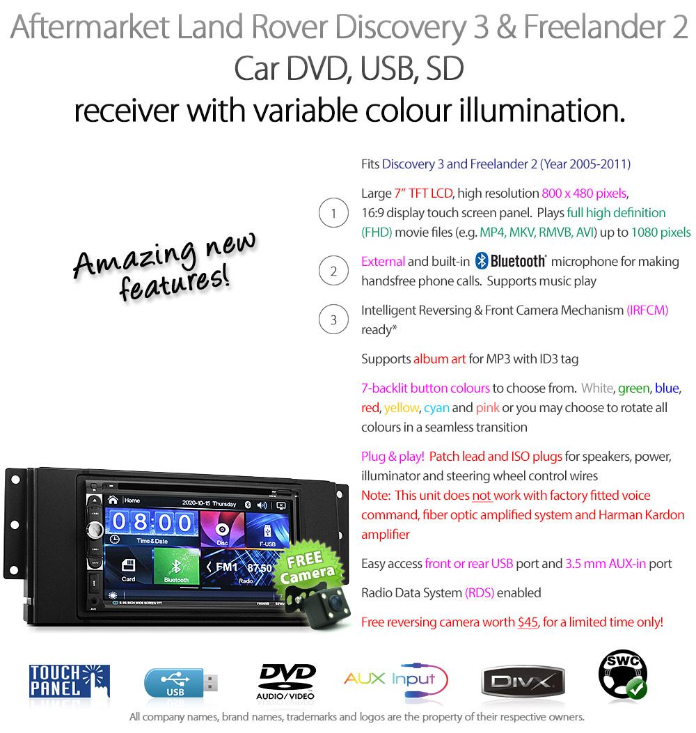 LRD05DVD Land Rover Disco Discovery 3 Freelander 2 Generation Gen Year 2005 2006 2007 2008 2009 2010 2011 7-inch Double-DIN car DVD CD USB SD Card player radio stereo head unit details Aftermarket RMVB MP3 MP4 720p External Bluetooth Microphone UK Europe Australia USA Fascia Facia Kit ISO Wiring Harness Free Reversing Camera High Definition 3.5mm AUX-in Plug and Play Installation Dimension tunez tunezmart Patch Lead Steering Wheel Control Compatible SWC CTSLR006.2 Connects2