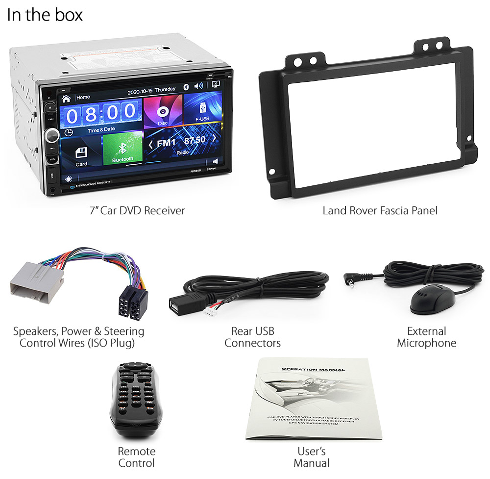 LRD07DVD Land Rover Freelander 1 first 1st Generation Gen Year 2004 2005 2006 2007 7-inch Double-DIN car DVD CD USB SD Card player radio stereo head unit details Aftermarket RMVB MP3 MP4 AVI MKV Full High Definition FHD 1080p External Bluetooth Microphone Fascia Facia Kit ISO Wiring Harness Free Reversing Camera 3.5mm AUX-in Plug and Play Installation Dimension Patch Lead Steering Wheel Control Compatible SWC CTSLR004.2 L314 Connects2