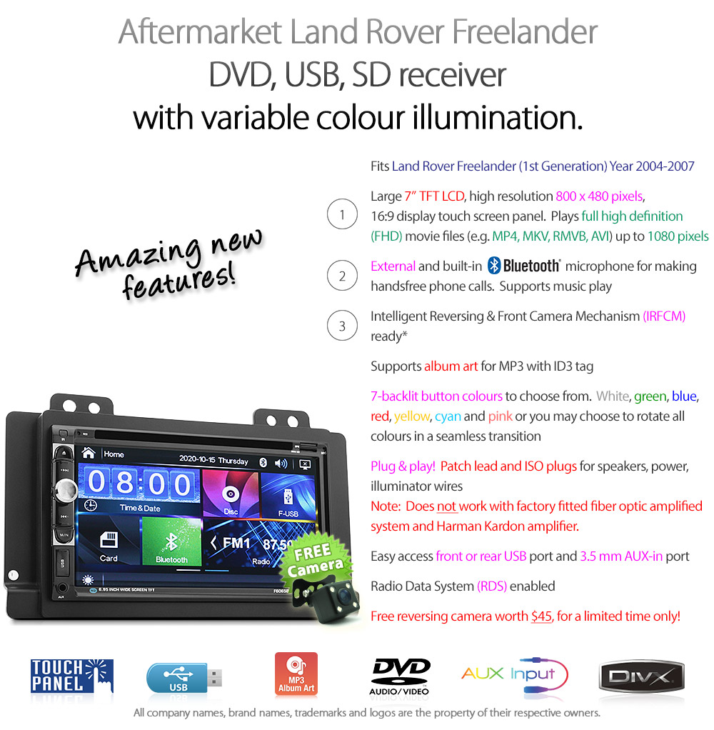 LRD07DVD Land Rover Freelander 1 first 1st Generation Gen Year 2004 2005 2006 2007 7-inch Double-DIN car DVD CD USB SD Card player radio stereo head unit details Aftermarket RMVB MP3 MP4 AVI MKV Full High Definition FHD 1080p External Bluetooth Microphone Fascia Facia Kit ISO Wiring Harness Free Reversing Camera 3.5mm AUX-in Plug and Play Installation Dimension Patch Lead Steering Wheel Control Compatible SWC CTSLR004.2 L314 Connects2