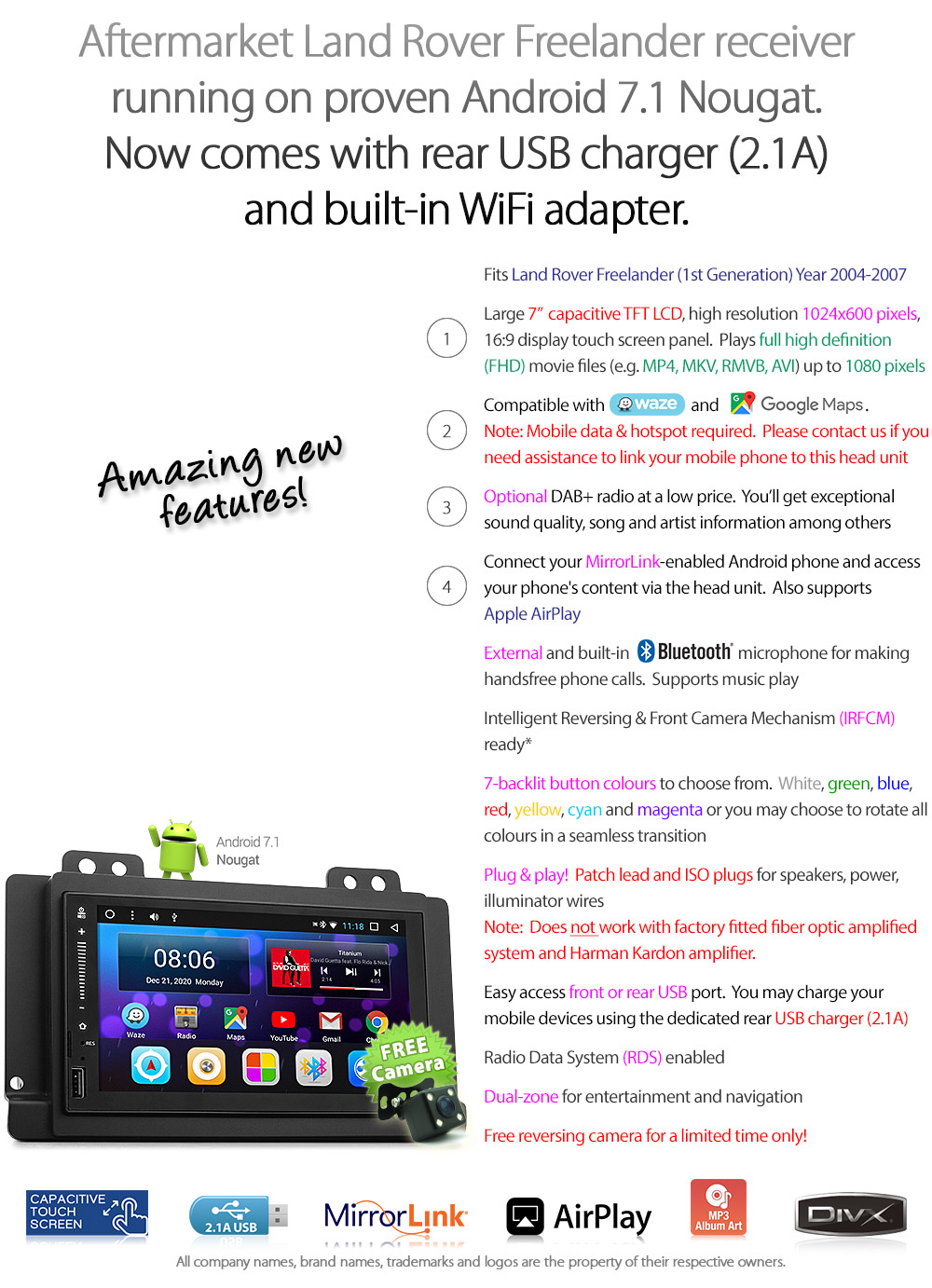 LRD12AND GPS Land Rover Freelander 1 first 1st Generation Gen Year 2004 2005 2006 2007 7-inch Universal Double DIN Latest Australia UK European USA Original Android 7.1 Nougat car USB Charger 2.1A SD player radio stereo head unit details Aftermarket External and Internal Microphone Bluetooth Europe Sat Nav Navi Plug and Play ISO Plug Wiring Harness Matching Fascia Kit Facia Free Reversing Camera Album Art ID3 Tag RMVB MP3 MP4 AVI MKV Full High Definition FHD Apple AirPlay Air Play MirrorLink Mirror Link 1080p DAB+ Digital Radio DAB + CTSLR004.2 L314 Connects2