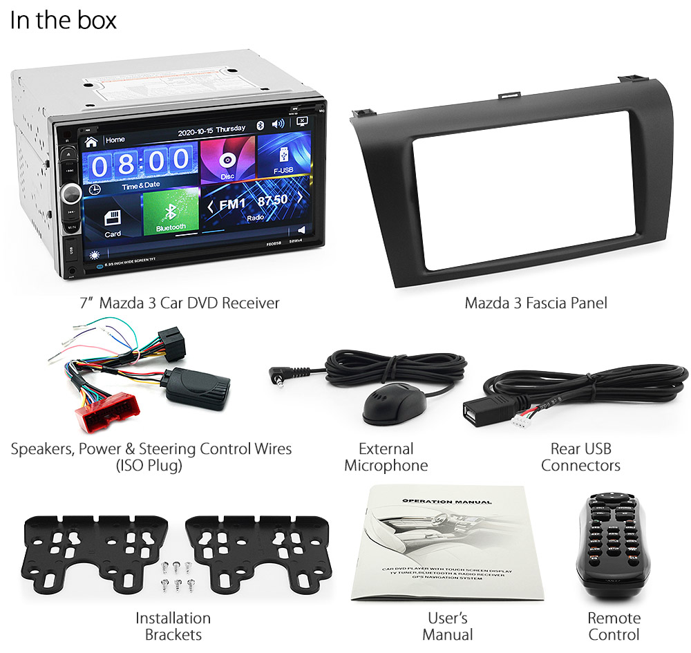 M307DVD Mazda3 Mazda 3 1st Generation BK1 BK2 BK Series 1 2 Gen Year 2003 2004 2005 2006 2007 7-inch Double-DIN car DVD CD USB SD Card player radio stereo head unit details Aftermarket MP4 MKV RMVB AVI 1080p Full High Definition FHD External Bluetooth Microphone UK Europe Australia USA Fascia Facia Kit Panel Trim ISO Wiring Harness Free Reversing Camera 3.5mm AUX-in Plug and Play Installation Dimension tunez tunezmart BOSE audio system Patch Lead Steering Wheel Control Compatible SWC CTSMZ004.2 Connects2