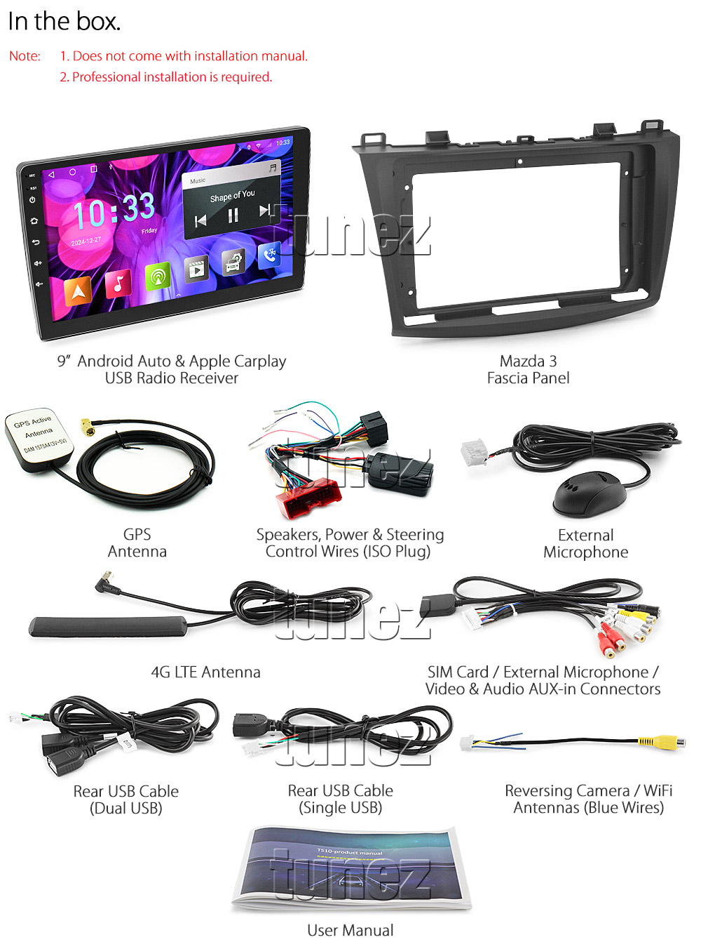 M312AND GPS Aftermarket Mazda3 Mazda 3 2nd Generation BL1 BL2 BL Series 1 2 Gen Year 2010 2011 2012 2013 large 9-inch 9' touchscreen Universal Double DIN Latest Australia UK European USA Original CarPlay Android Auto 10 Car USB player radio stereo 4G LTE WiFi head unit details Aftermarket External and Internal Microphone Bluetooth Europe Sat Nav Navi Plug and Play ISO Plug Wiring Harness Matching Fascia Kit Facia Free Reversing Camera Album Art ID3 Tag RMVB MP3 MP4 AVI MKV Full High Definition FHD 1080p DAB+ Digital Radio DAB + Connects2 CTSIZ001.2