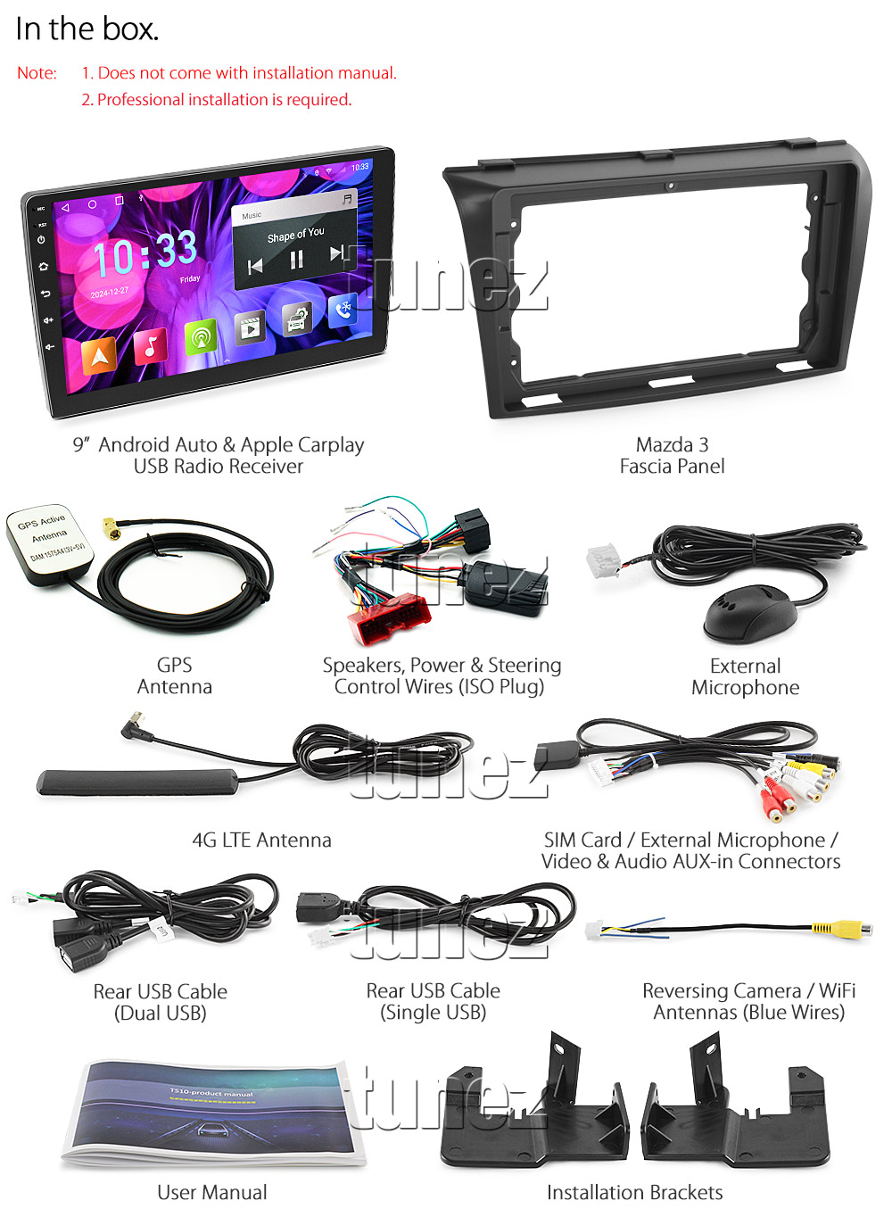 M315AND GPS Aftermarket Mazda 3 1st Generation BK series Year 2003 2004 2005 2006 2007 2008 capacitive 9 inches touchscreen Universal Double DIN Latest Australia UK European USA Original CarPlay Android Auto 10 Car USB player radio stereo 4G LTE WiFi head unit details Aftermarket External and Internal Microphone Bluetooth Europe Sat Nav Navi Plug and Play ISO Plug Wiring Harness Matching Fascia Kit Facia Free Reversing Camera Album Art ID3 Tag RMVB MP3 MP4 AVI MKV Full High Definition FHD 1080p DAB+ Digital Radio DAB + Connects2 CTSIZ001.2