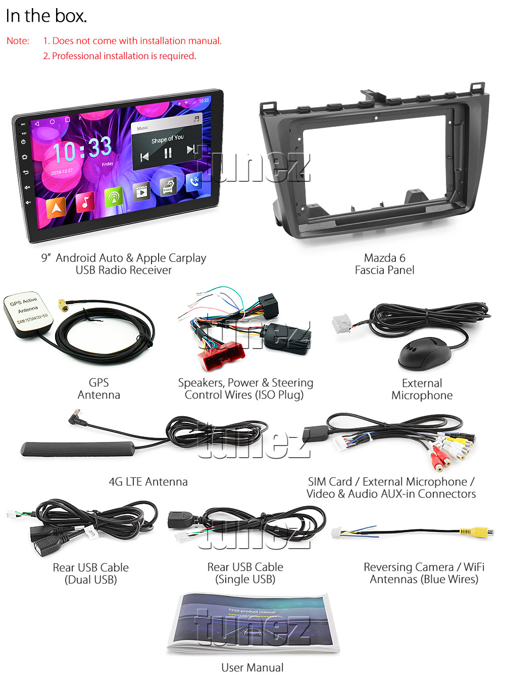 M601AND GPS Mazda Mazda6 6 GH 1 2 GH1 GH2 Series Chassis 2nd Generation Gen Year 2008 2009 2010 2011 2012 9-inch touchscreen Universal Double DIN Latest Australia UK European USA Original CarPlay Android Auto 10 Car USB player radio stereo 4G LTE WiFi head unit details Aftermarket External and Internal Microphone Bluetooth Europe Sat Nav Navi Plug and Play ISO Plug Wiring Harness Matching Fascia Kit Facia Free Reversing Camera Album Art ID3 Tag RMVB MP3 MP4 AVI MKV Full High Definition FHD 1080p DAB+ Digital Radio DAB + Connects2 CTSIZ001.2