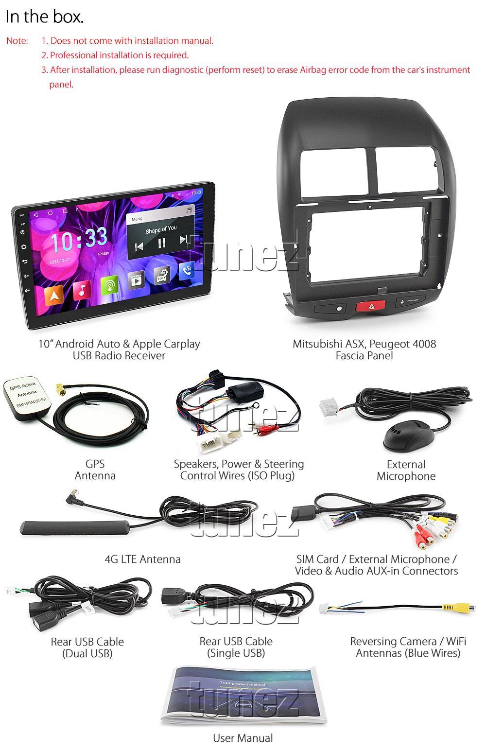 MASX06AND GPS Aftermarket Mitsubishi ASX RVR Peugeot 4008 Citroen C4 Aircross XA XB 3rd Generation Gen 2010 2011 2012 2013 2014 2015 capacitive 10 inches touchscreen Universal Double DIN Latest Australia UK European USA Original CarPlay Android Auto 10 Car USB player radio stereo 4G LTE WiFi head unit details Aftermarket External and Internal Microphone Bluetooth Europe Sat Nav Navi Plug and Play ISO Plug Wiring Harness Matching Fascia Kit Facia Free Reversing Camera Album Art ID3 Tag RMVB MP3 MP4 AVI MKV Full High Definition FHD 1080p DAB+ Digital Radio DAB + Connects2 CTSIZ001.2