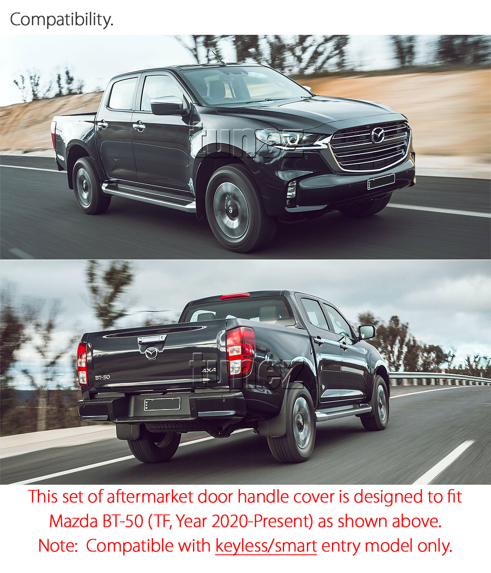 MBM05 Mazda BT-50 BT50 TF Chassis GT SP Thunder XS XT XTR UK United Kingdom USA Australia Europe Matte Matt Black Night Dark Sky Series Edition Keyless Smart Manual Smart Key Door Handle Passenger Front Rear Side Cover Guard Protector For Car Aftermarket Set Pair 2020 2021 2022 2023 2024 2025 2026 2027 2028