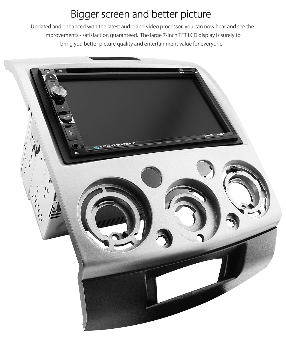 MBT10DVD Ford Ranger PJ PK Mazda BT-50 2006 2007 2008 2009 2010 2011 MK1 MK2 7-inch Double DIN Direct Loading design car DVD USB SD player radio stereo head unit details Aftermarket External and Internal Microphone Bluetooth MP3 MP4 AVI MKV RMVB Fascia Facia Kit Panel Trim ISO Plug Wiring Harness Reversing Camera 1080p FHD HD Full High Definition 3.5mm AUX-in Plug and Play Installation Dimension tunez tunezmart Patch Lead Compatible 