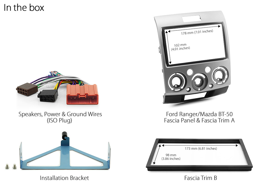 MBT05-FAS-ISO Ford Ranger PJ PK Mazda BT-50 UN 2006 2007 2008 2009 2010 2011 MK1 7-inch Double 2 DIN car DVD player radio stereo head unit Fascia Facia Trim Plate Kit Installation Bracket Holder ISO Plug Wiring Harness Plug and Play