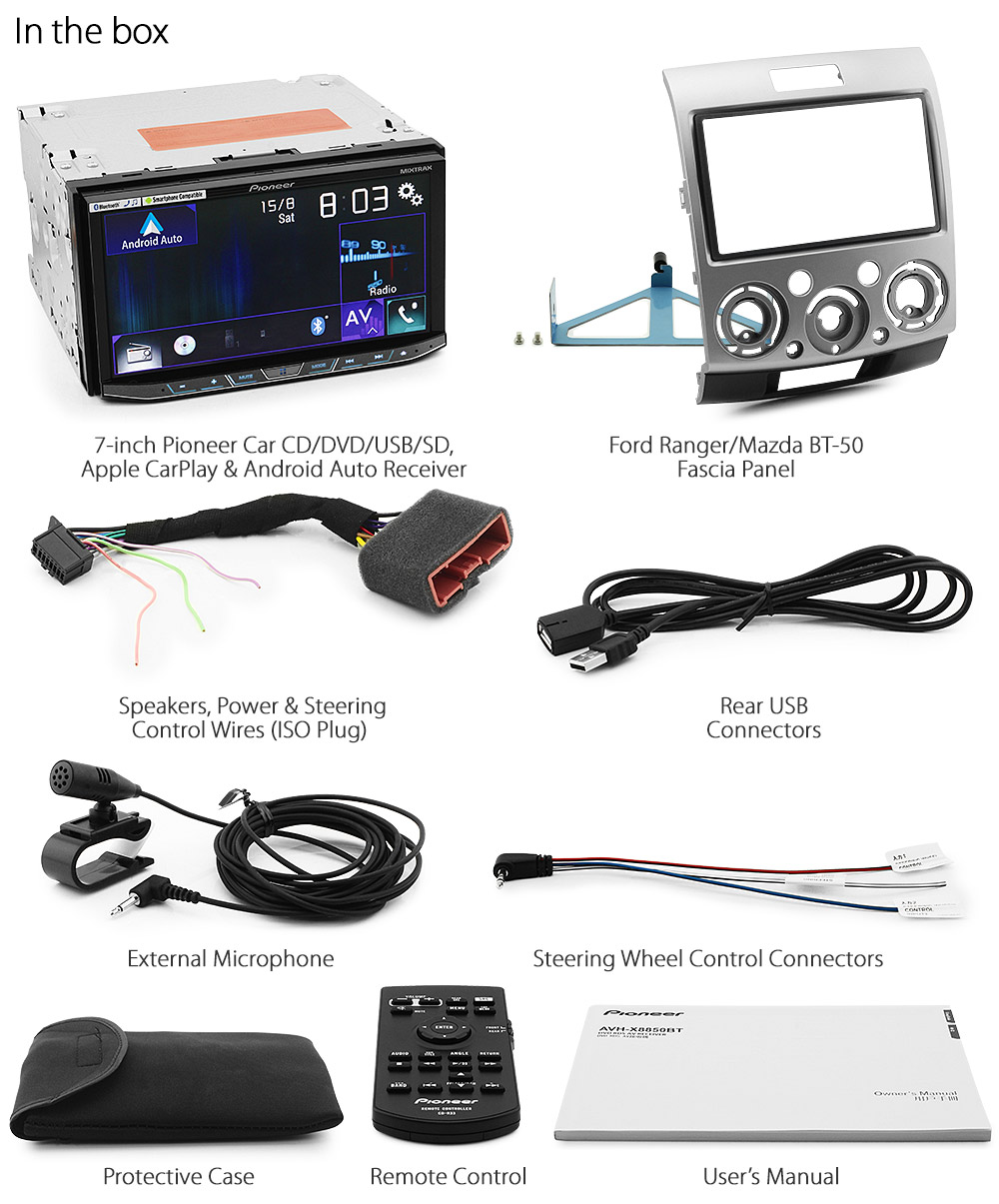 MBT09DVD Ford Ranger Mazda BT-50 2006 2007 2008 2009 2010 2011 MK1 PK XL XLT Hi-Rider Wildtrak Fascia Facia Kit Plug & Play Plug and Play Matching ISO Wiring Plug Harness Pioneer AVH-X8850BT 7-inch Double 2 DIN Sliding Design car DVD USB SD player radio stereo head unit details Album Art ID3 Tag Aftermarket External Microphone Bluetooth RMVB Apple Apple CarPlay Android androidauto Spotify MIXTRAX MOFSET 50W x 4 X8850BT Detachable Panel Face Security 1080p Full HD MP3 MP4 AVI MKV DIVX FLV 3gp MOV Files File Free Reversing Camera