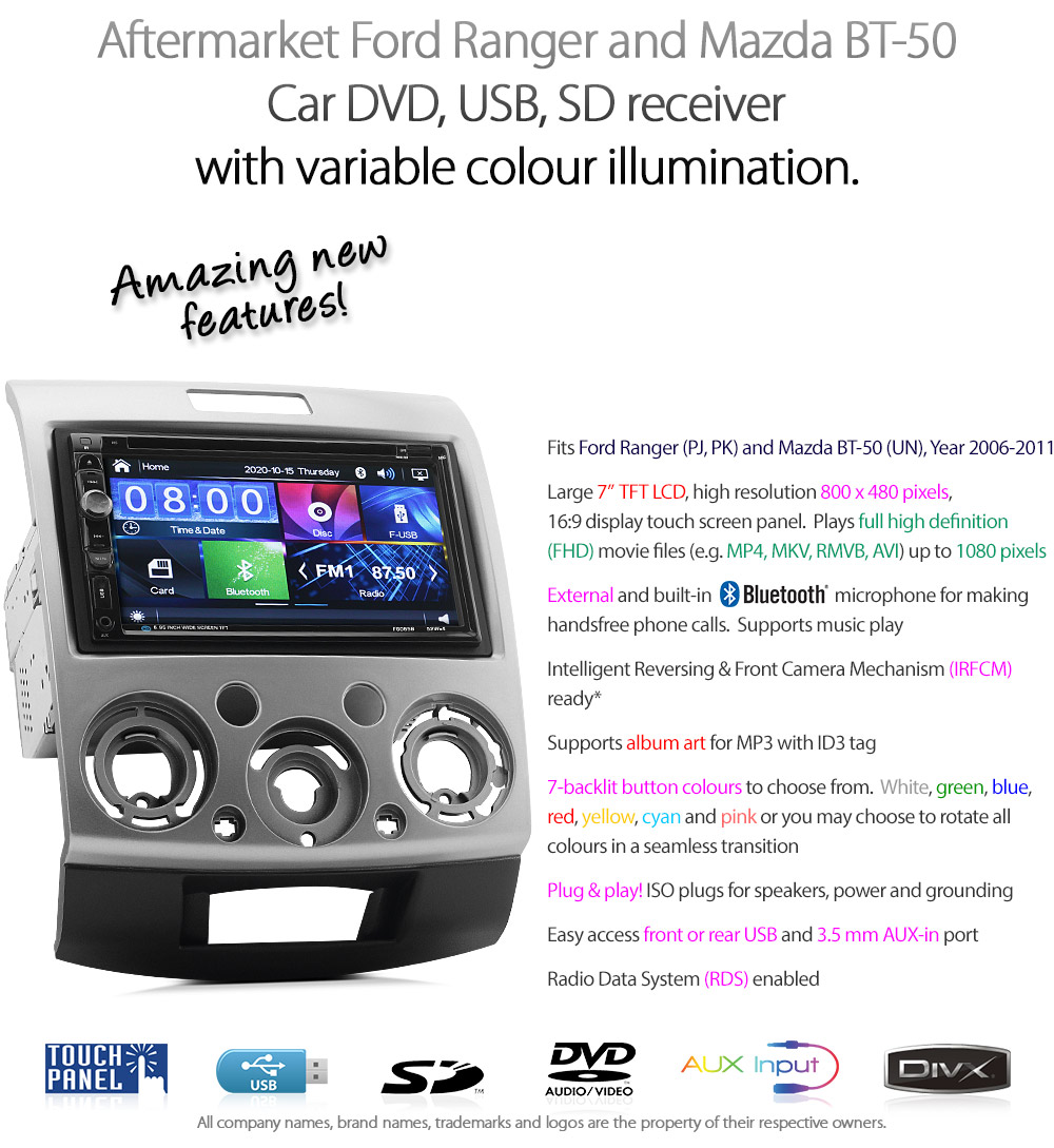 MBT10DVD Ford Ranger PJ PK Mazda BT-50 2006 2007 2008 2009 2010 2011 MK1 MK2 7-inch Double DIN Direct Loading design car DVD USB SD player radio stereo head unit details Aftermarket External and Internal Microphone Bluetooth MP3 MP4 AVI MKV RMVB Fascia Facia Kit Panel Trim ISO Plug Wiring Harness Reversing Camera 1080p FHD HD Full High Definition 3.5mm AUX-in Plug and Play Installation Dimension tunez tunezmart Patch Lead Compatible 