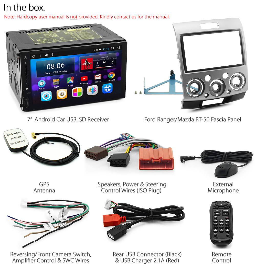 MBT19AND GPS Ford Ranger PJ PK Mazda BT-50 UN 2006 2007 2008 2009 2010 2011 7-inch Universal Double DIN Latest Australia UK European USA Original Android 7.1 Nougat car USB Charger 2.1A SD player radio stereo head unit details Aftermarket External and Internal Microphone Bluetooth Europe Sat Nav Navi Plug and Play ISO Plug Wiring Harness Matching Fascia Kit Facia Free Reversing Camera Album Art ID3 Tag RMVB MP3 MP4 AVI MKV Full High Definition FHD AirPlay Air Play MirrorLink Mirror Link 1080p DAB+ Digital Radio DAB +