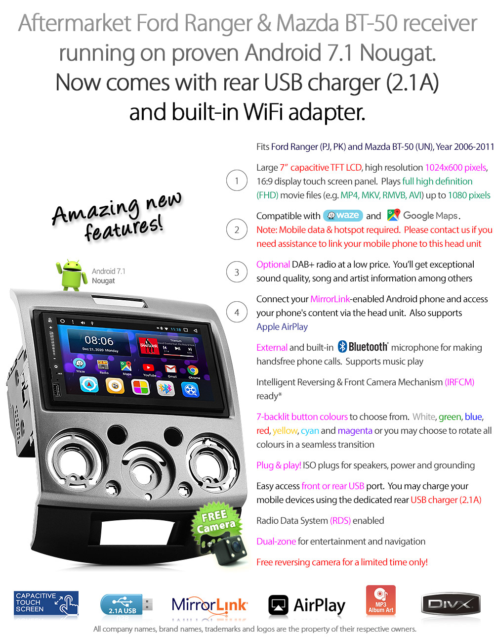 MBT19AND GPS Ford Ranger PJ PK Mazda BT-50 UN 2006 2007 2008 2009 2010 2011 7-inch Universal Double DIN Latest Australia UK European USA Original Android 7.1 Nougat car USB Charger 2.1A SD player radio stereo head unit details Aftermarket External and Internal Microphone Bluetooth Europe Sat Nav Navi Plug and Play ISO Plug Wiring Harness Matching Fascia Kit Facia Free Reversing Camera Album Art ID3 Tag RMVB MP3 MP4 AVI MKV Full High Definition FHD AirPlay Air Play MirrorLink Mirror Link 1080p DAB+ Digital Radio DAB +