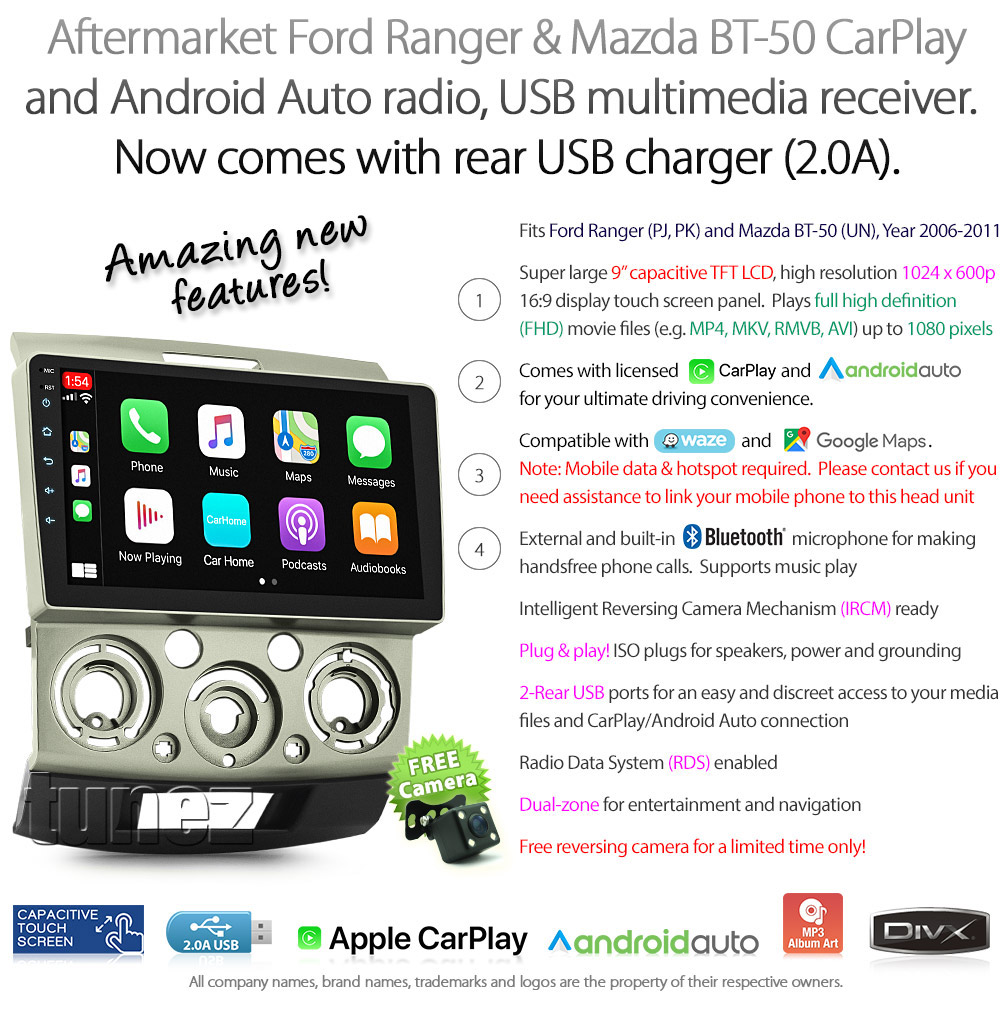 MBT22CPAA MBT22 Licensed Apple CarPlay Android Auto GPS Ford Ranger PJ PK Mazda BT-50 UN 2006 2007 2008 2009 2010 2011 Super Large 9-inch 9