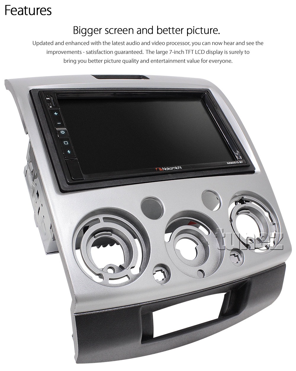 MBT23CP Aftermarket Ford Ranger PJ PK Mazda BT-50 UN Nakamichi NAM3510-M7 Licensed Apple CarPlay Android Auto 2006 2007 2008 2009 2010 2011 7-inch Universal Double DIN Latest Australia UK European USA Original Car USB Charger 1.0A SD player radio stereo head unit details External and Internal Microphone Bluetooth Europe Sat Nav Navi Plug and Play ISO Plug Wiring Harness Fascia Kit Facia Free Reversing Camera Album Art ID3 Tag RMVB MP3 MP4 AVI MKV Full High Definition FHD 1080p DAB+ Digital Radio