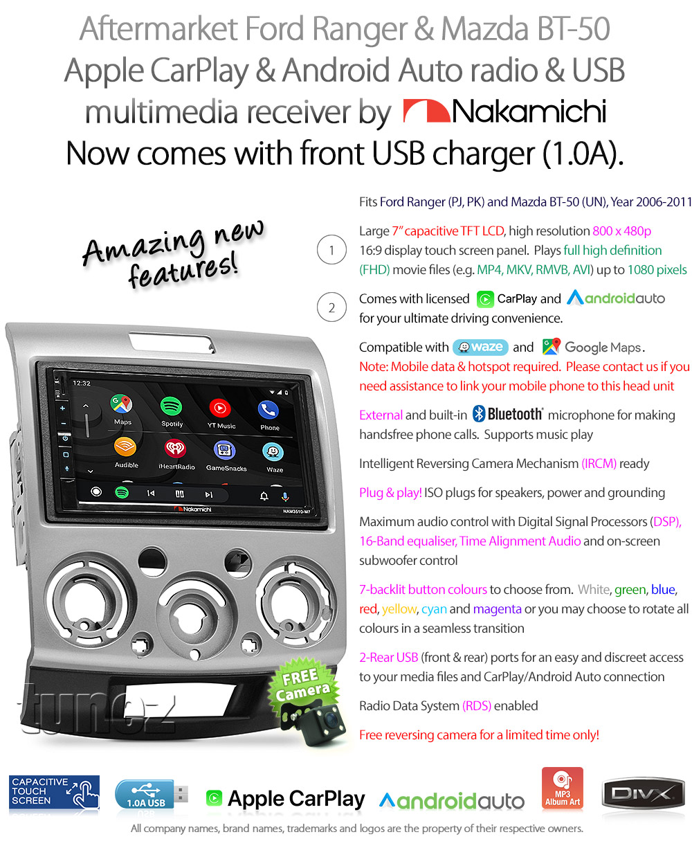 MBT23CP Aftermarket Ford Ranger PJ PK Mazda BT-50 UN Nakamichi NAM3510-M7 Licensed Apple CarPlay Android Auto 2006 2007 2008 2009 2010 2011 7-inch Universal Double DIN Latest Australia UK European USA Original Car USB Charger 1.0A SD player radio stereo head unit details External and Internal Microphone Bluetooth Europe Sat Nav Navi Plug and Play ISO Plug Wiring Harness Fascia Kit Facia Free Reversing Camera Album Art ID3 Tag RMVB MP3 MP4 AVI MKV Full High Definition FHD 1080p DAB+ Digital Radio