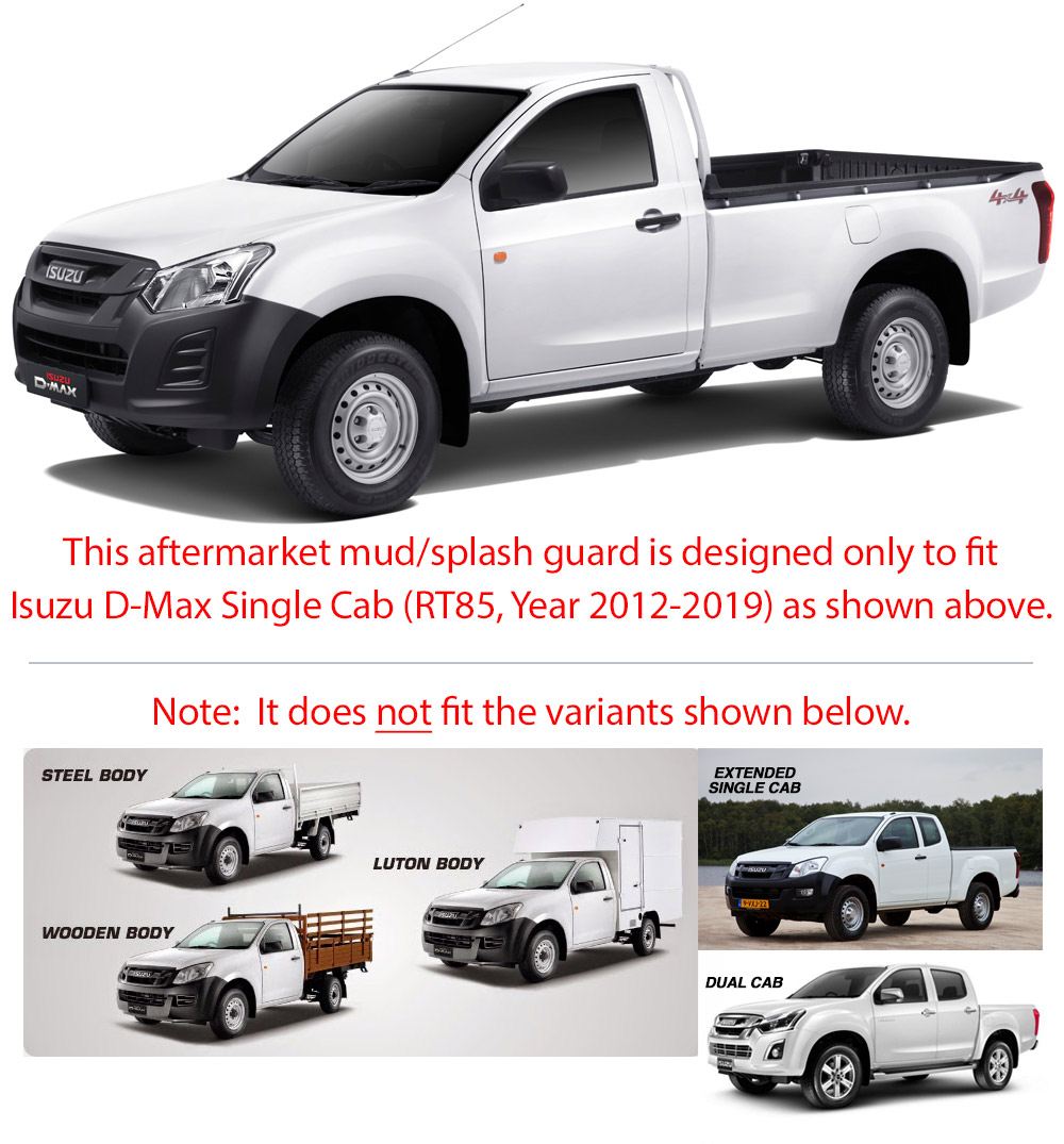 MGDX01 Isuzu D-Max DMax RT85 Single Cab Aftermarket Pair 2015 2016 2017 2018 2019 Mud Flap Guard Splash Front Left Right Rear 4 Pieces Set Complete ABS Plastic OEM