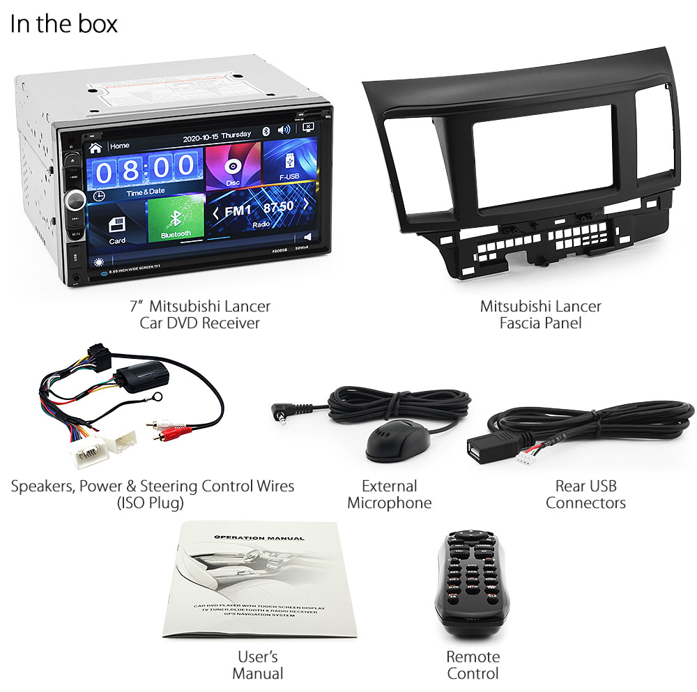 MLC05DVD Mitsubishi Lancer 5th Generation Gen Year 2007 2008 2009 2010 7-inch Double-DIN car DVD CD USB SD Card player radio stereo head unit details Aftermarket RMVB MKV MP4 Full High Definition FHD 1080p External Bluetooth Microphone UK Europe Australia USA Fascia Facia Kit ISO Wiring Harness Free Reversing Camera High Definition 3.5mm AUX-in Plug and Play Installation Dimension tunez tunezmart Patch Lead Steering Wheel Control Compatible SWC CTSMT001.2 CTSMT002.2 Connects2