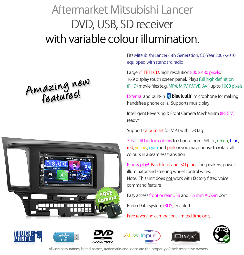 MLC05DVD Mitsubishi Lancer 5th Generation Gen Year 2007 2008 2009 2010 7-inch Double-DIN car DVD CD USB SD Card player radio stereo head unit details Aftermarket RMVB MKV MP4 Full High Definition FHD 1080p External Bluetooth Microphone UK Europe Australia USA Fascia Facia Kit ISO Wiring Harness Free Reversing Camera High Definition 3.5mm AUX-in Plug and Play Installation Dimension tunez tunezmart Patch Lead Steering Wheel Control Compatible SWC CTSMT001.2 CTSMT002.2 Connects2