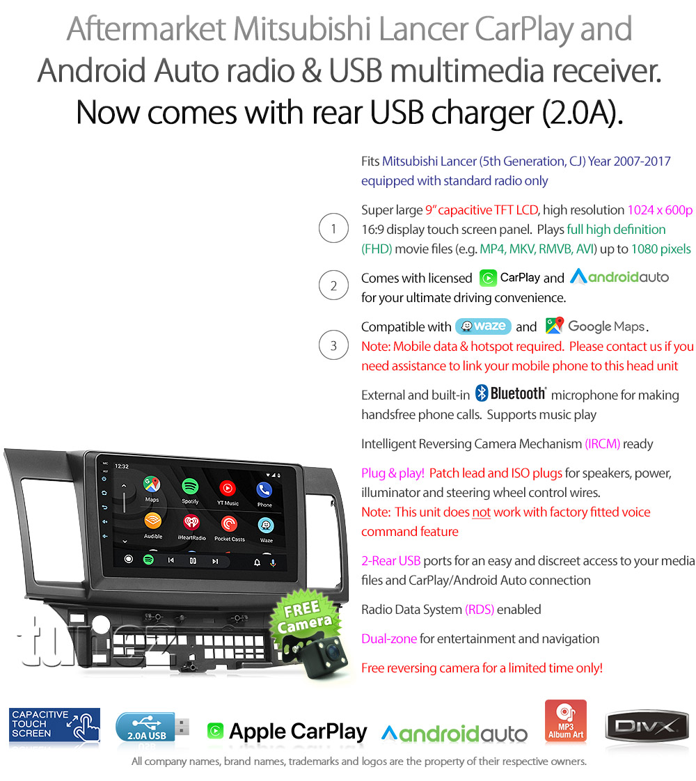 MLC10CP MLC10 Licensed Apple CarPlay Android Auto GPS Mitsubishi Lancer CJ 5th Generation Gen Year 2007 2008 2009 2010 2011 2012 2013 2014 2015 2016 2017 Super Large 9-inch 9' Touch Screen IPS Capacitive Universal Double DIN Latest Australia UK European USA Original Car USB 2.0A Charge player radio stereo head unit Aftermarket External and Internal Microphone Bluetooth Europe Sat Nav Navi Plug and Play ISO Plug Wiring Harness Matching Fascia Kit Facia Free Reversing Camera Album Art ID3 Tag RMVB MP3 MP4 AVI MKV Full High Definition FHD AirPlay Air Play MirrorLink Mirror Link 1080p DAB+ Digital Radio Connects2 CTSMT003.2