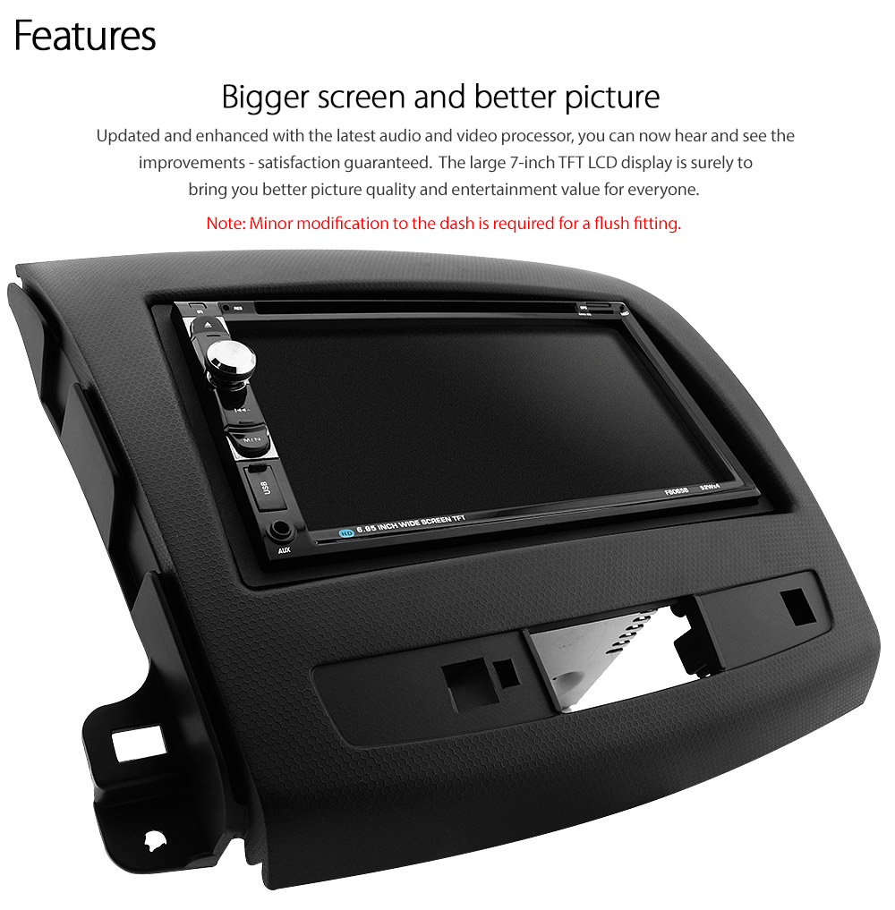 MLD05DVD Mitsubishi Outlander 2nd Generation Gen Year 2007 2008 2009 2010 7-inch Double-DIN car DVD CD USB SD Card player radio stereo head unit details Aftermarket RMVB MP3 MP4 AVI MKV Full High Definition FHD 1080p External Bluetooth Microphone UK Europe Australia USA Fascia Facia Kit ISO Wiring Harness Free Reversing Camera High Definition 3.5mm AUX-in Plug and Play Installation Dimension tunez tunezmart Patch Lead Steering Wheel Control Compatible SWC CTSMT001.2 CTSMT002.2 Connects2