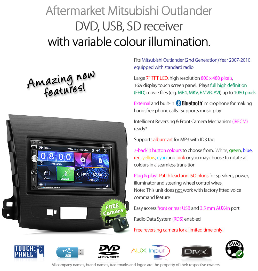MLD05DVD Mitsubishi Outlander 2nd Generation Gen Year 2007 2008 2009 2010 7-inch Double-DIN car DVD CD USB SD Card player radio stereo head unit details Aftermarket RMVB MP3 MP4 AVI MKV Full High Definition FHD 1080p External Bluetooth Microphone UK Europe Australia USA Fascia Facia Kit ISO Wiring Harness Free Reversing Camera High Definition 3.5mm AUX-in Plug and Play Installation Dimension tunez tunezmart Patch Lead Steering Wheel Control Compatible SWC CTSMT001.2 CTSMT002.2 Connects2