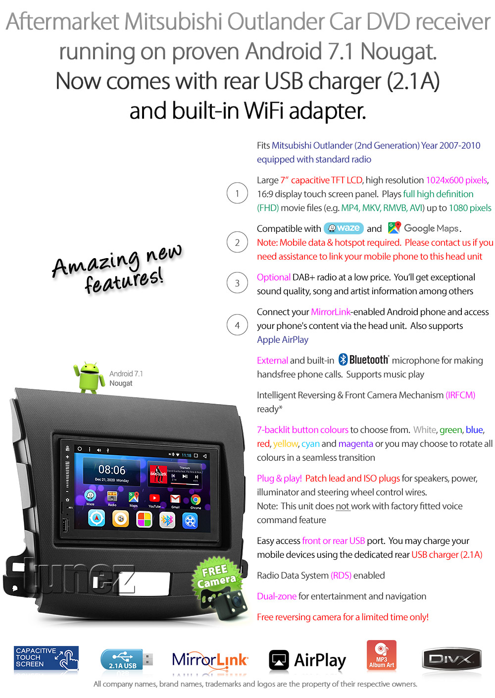 MLD08AND GPS Mitsubishi Outlander 2nd Generation Gen Year 2007 2008 2009 2010 7-inch Double-DIN car USB SD Card player radio stereo head unit details Aftermarket Android 7.1 Nougat RMVB MP3 MP4 AVI MKV Full High Definition FHD 1080p External Bluetooth Microphone UK Europe Australia USA MirrorLink Apple AirPlay Sat Nav Navi Waze Google Map Fascia Facia Kit ISO Wiring Harness Free Reversing Camera High Definition Plug and Play Installation Dimension tunez tunezmart Patch Lead Steering Wheel Control Compatible SWC CTSMT001.2 CTSMT002.2 Connects2 Digital Radio DAB+ DAB +