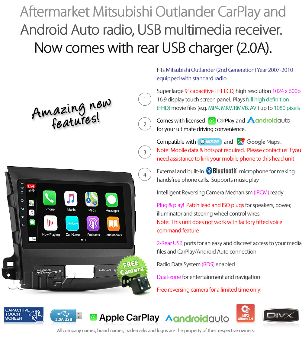 MLD10CP MLD10 Licensed Apple CarPlay Android Auto GPS Aftermarket Mitsubishi Outlander 2nd Generation Gen Year 2007 2008 2009 2010 Super Large 9-inch 9