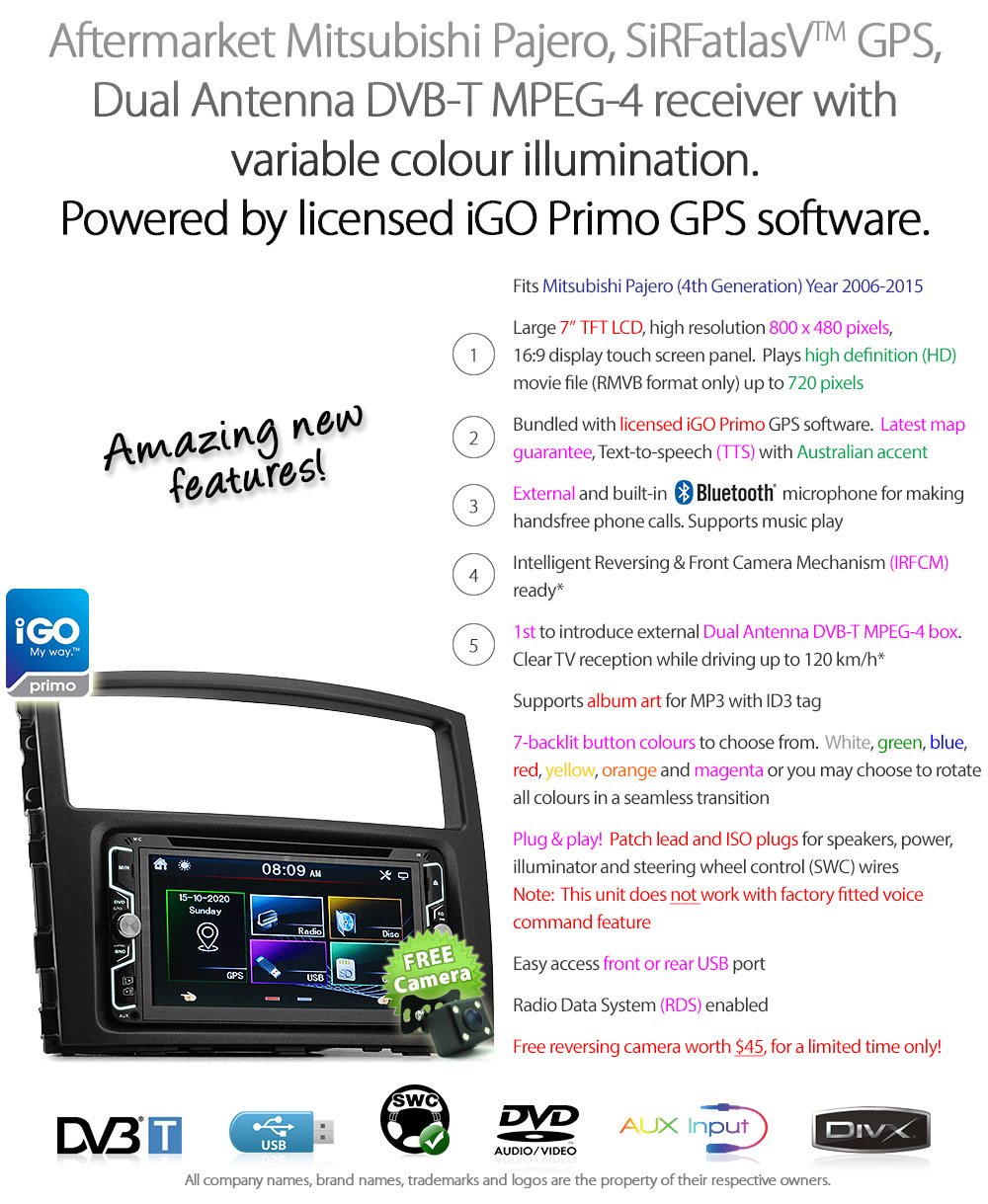 MP02DVBT 7-inch 7' Misubishi Pajero 2006 2007 2008 2009 2010 2011 2012 2013 2014 2015 NS NT NW NX chassis 4th generation gen Direct Loading design Car DVD USB SD player MP3 MP4 Album Art ID3 Tag RDS radio stereo head unit Fascia Facia Kit ISO Plug Wiring Harness details Aftermarket External and Internal Microphone Bluetooth RMVB 720p Free Reversing Camera Original Licensed iGO Primo GPS NAVTEQ map 7-digit postcode Sat Nav Navi System Patch Lead Connects2 CTSMT003.2 Digital TV DVB-T MPEG-4 DVBT MPEG4 Dual Antenna External Box