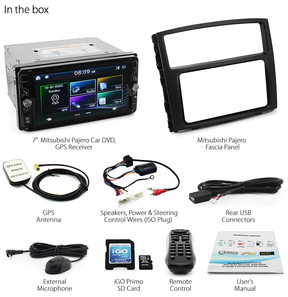 MP02GPS 7-inch 7" Misubishi Pajero 2006 2007 2008 2009 2010 2011 2012 2013 2014 2015 NS NT NW NX chassis 4th generation gen Direct Loading design Car DVD USB SD player MP3 MP4 Album Art ID3 Tag RDS radio stereo head unit Fascia Facia Kit ISO Plug Wiring Harness details Aftermarket External and Internal Microphone Bluetooth RMVB 720p Free Reversing Camera Original Licensed iGO Primo GPS NAVTEQ map 7-digit postcode Sat Nav Navi System Patch Lead Connects2 CTSMT003.2 Digital TV DVB-T MPEG-4 DVBT MPEG4 Dual Antenna External Box