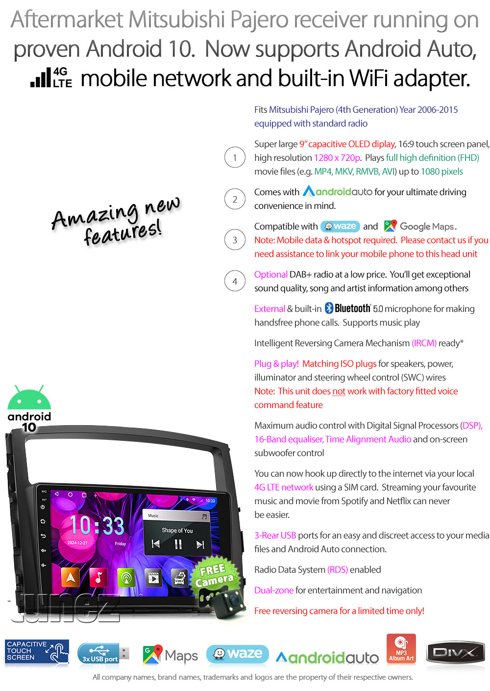 MP08AND GPS Aftermarket Mitsubishi Pajero 4th Generation Gen Year 2006 2007 2008 2009 2010 2011 2012 2013 2014 2015 large 9-inch 9' touchscreen Universal Double DIN Latest Australia UK European USA Original CarPlay Android Auto 10 Car USB player radio stereo 4G LTE WiFi head unit details Aftermarket External and Internal Microphone Bluetooth Europe Sat Nav Navi Plug and Play ISO Plug Wiring Harness Matching Fascia Kit Facia Free Reversing Camera Album Art ID3 Tag RMVB MP3 MP4 AVI MKV Full High Definition FHD MyLink My Link 1080p DAB+ Digital Radio DAB + Connects2 CTSIZ001.2