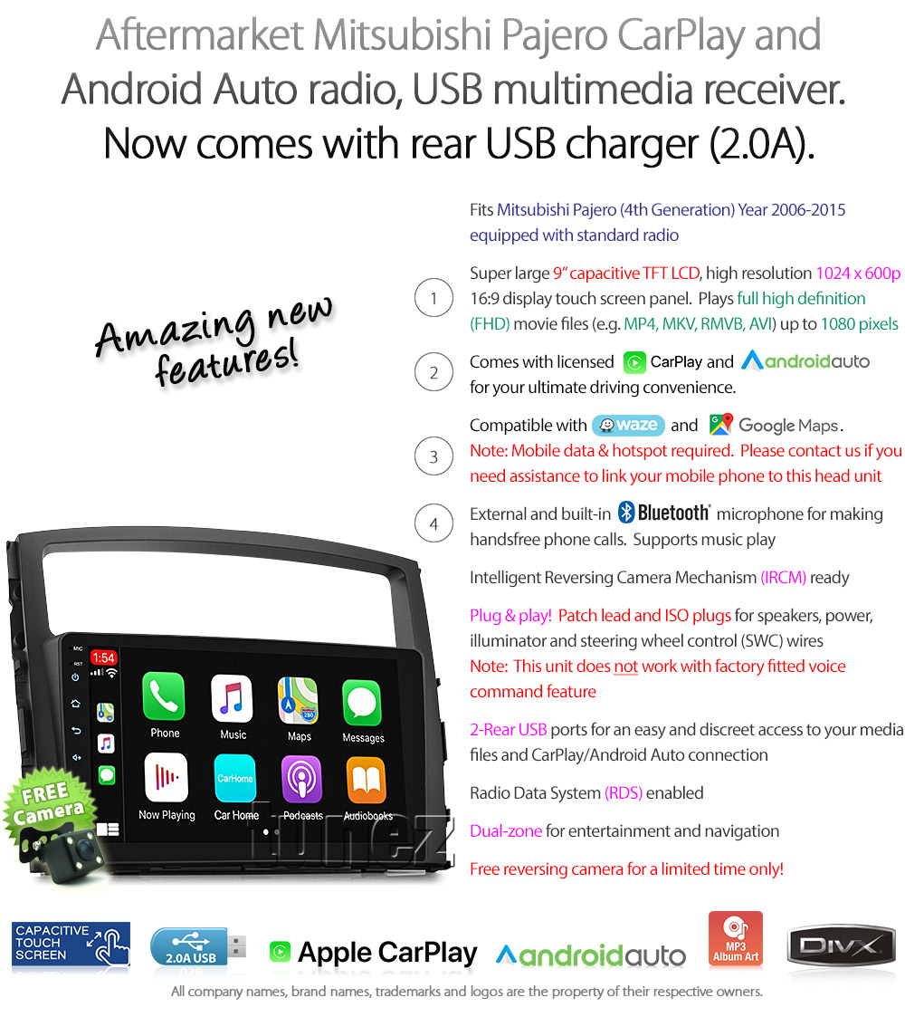 MP10CP MP10 Licensed Apple CarPlay Android Auto GPS Aftermarket Misubishi Pajero Shogun 2006 2007 2008 2009 2010 2011 2012 2013 2014 2015 NS NT NW NX chassis 4th generation gen Super Large 9-inch 9