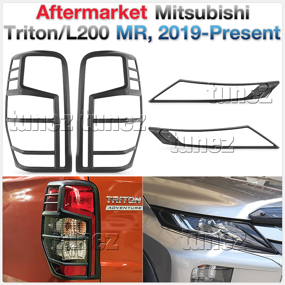 MTLM06 Mitsubishi Triton L200 5th Generation Gen Post-facelift Facelift Year 2019 2020 2021 MR Chassis GLX + GLS Barbarian Warrior Titan Challenger Matte Matt Black Front Head Tail Rear Lamp Light Lights Cover Frame Mask 3M For Car Truck Taillights Headlamp Aftermarket Pair Australia UK European USA tunez