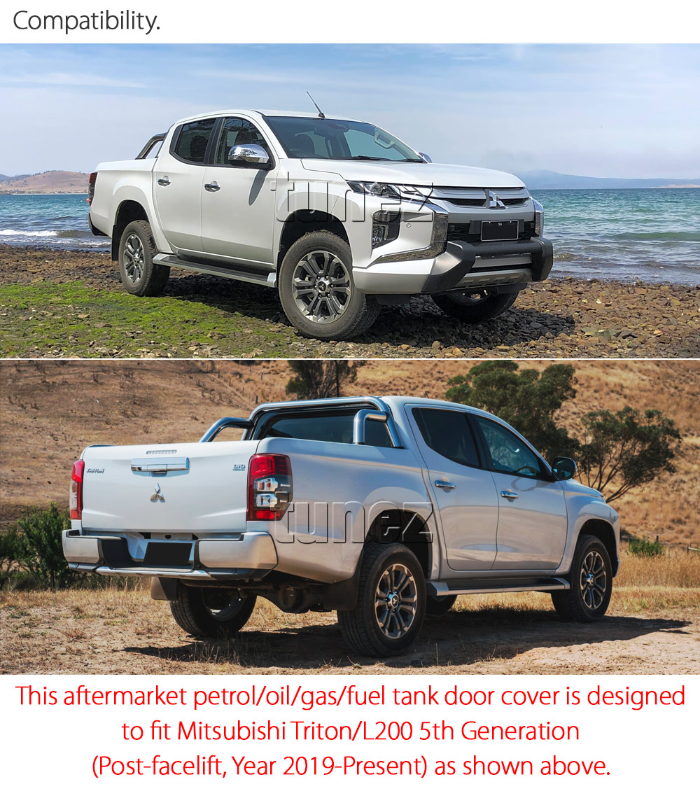 MTLM08 Mitsubishi Triton L200 5th Generation Gen Post-facelift Facelift Year 2019 2020 2021 MR Chassis GLX + GLS Barbarian X Warrior Challenger 4 Life Matte Matt Black Petrol Oil Gas Fuel Tank Door Cover ABS Plastic Frame Mask 3M For Car Truck Aftermarket Australia United Kingdom UK European USA tunez