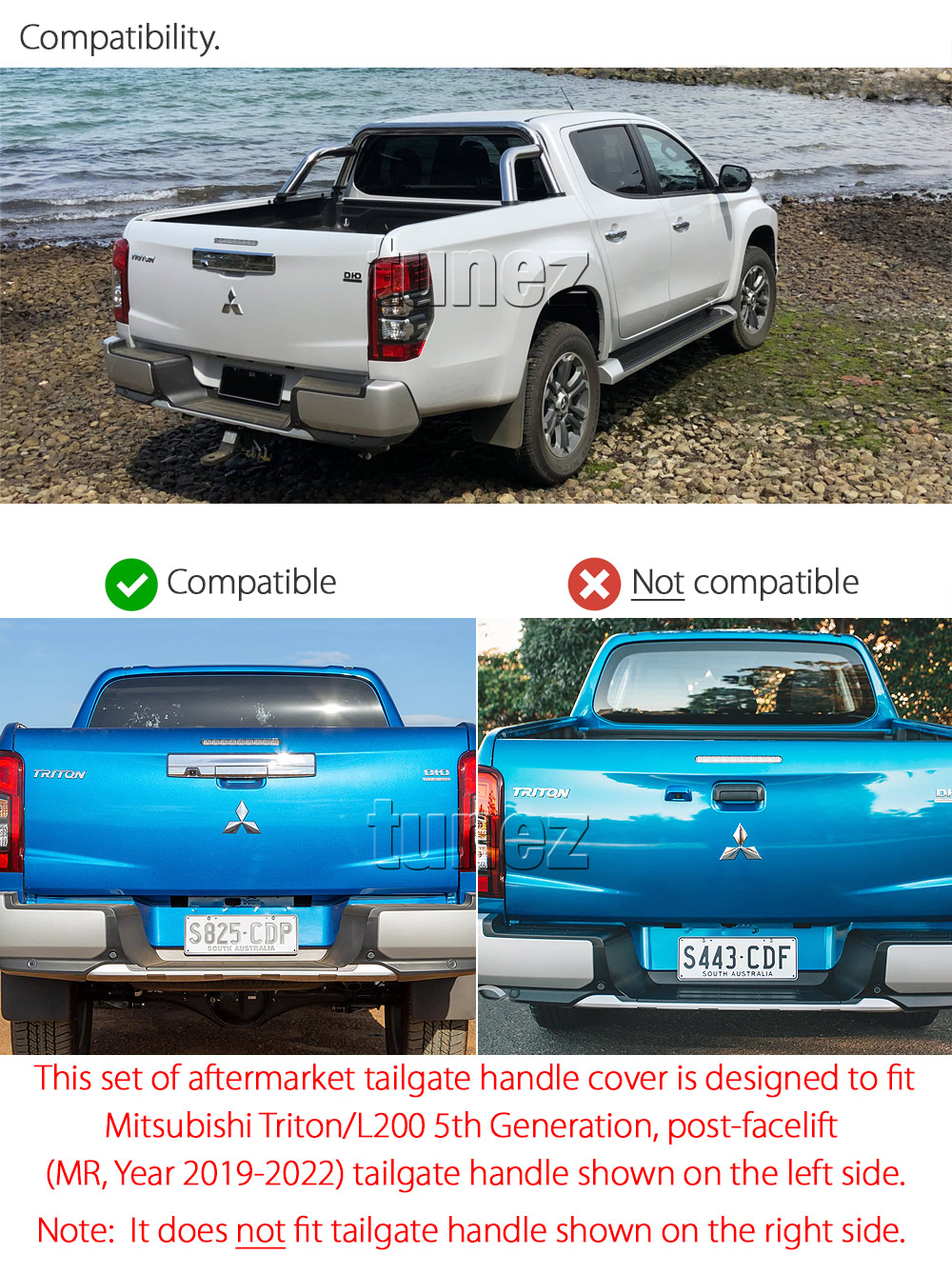 MTLM18 Mitsubishi Triton L200 Strada Fiat Fullback MR 5th Generation Gen Series GLX GLS GLX+ Blackline Exceed Barbarian Warrior Titan Challenger 2019 2020 2021 2022 Matt Matte Material Black OEM Fitting Aftermarket Tailgate Tail Gate Handle Chrome Delete Bumper Cladding Cover Guard Protector