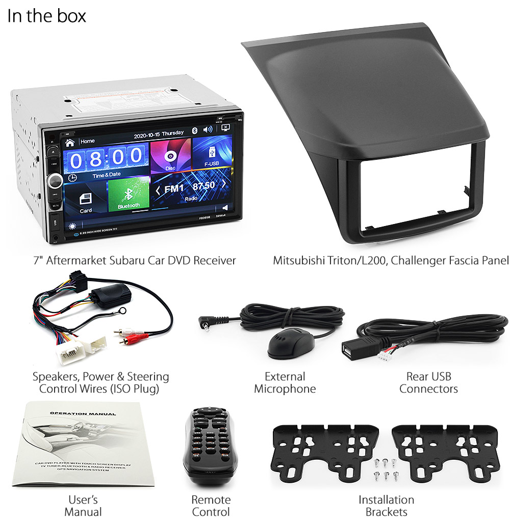 MTR02DVD 7-inch Aftermarket Mitsubishi Triton L200 ML MN 4th Generation Gen 2006 2007 2008 2009 2010 2011 2012 2013 2014 2015 Direct Loading design car DVD USB SD player MP3 Album Art ID3 Tag ID3tag RDS radio stereo head unit details Aftermarket External and Internal Microphone Bluetooth RMVB MKV MP4 Full High Definition FHD 1080p 720p Free Reversing Camera Fascia Kit ISO Plug Wiring Harness Steering Wheel Control buttons OEM Double 2 DIN Patch Lead Connects2 CTSMT005.2 CTSMT006.2