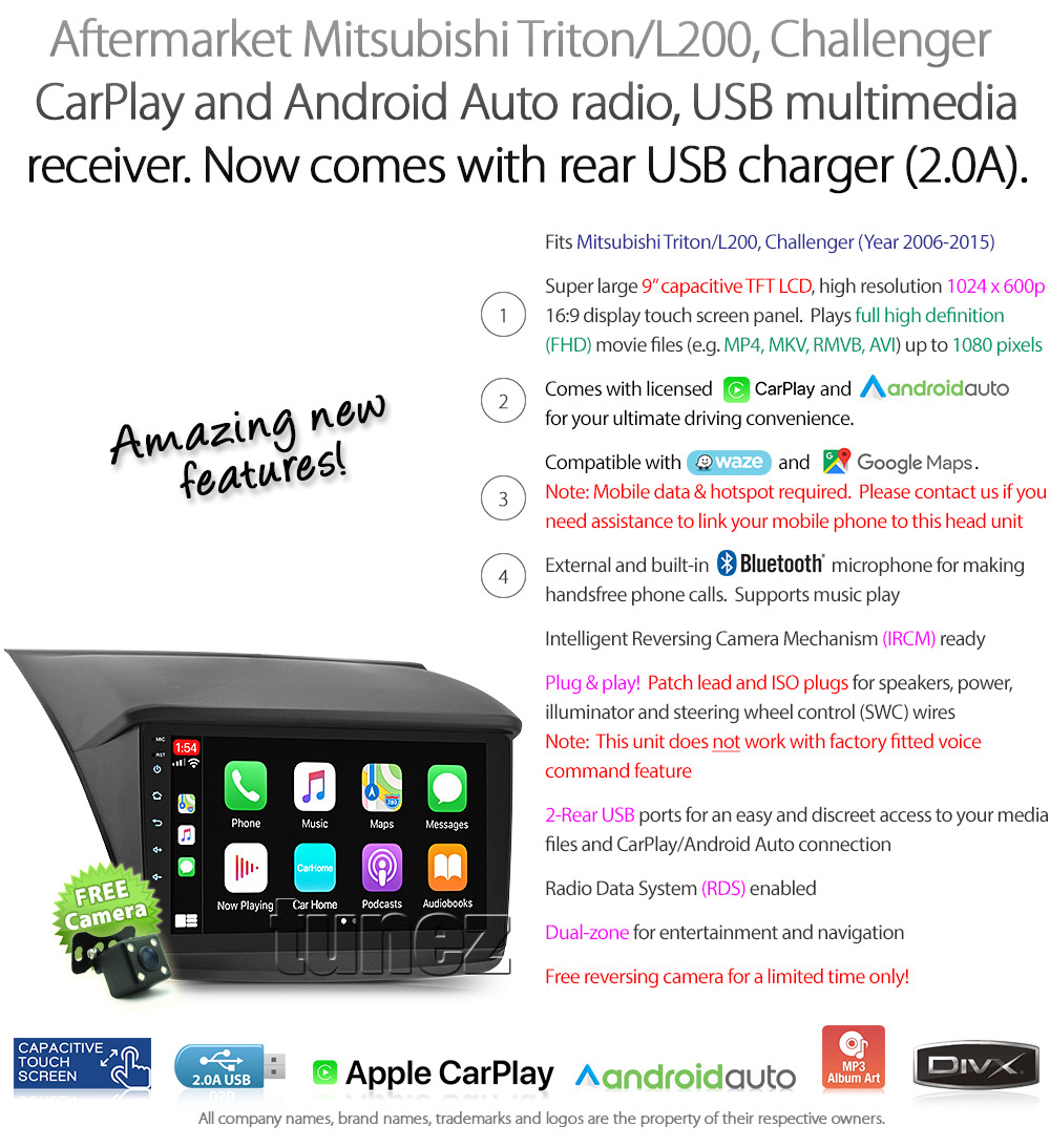 MTR09CP MTR09 Licensed Apple CarPlay Android Auto GPS Mitsubishi Triton L200 Challenger ML MN 4th Generation Gen 2006 2007 2008 2009 2010 2011 2012 2013 2014 2015 GLX GLX-R GL GL-R GLR Super Large 9-inch 9