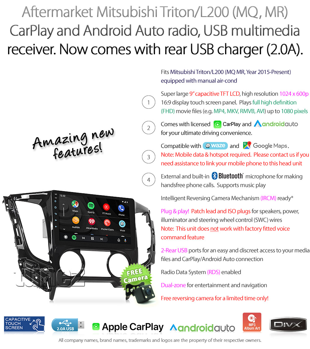 MTR10CP MTR10 Licensed Apple CarPlay Android Auto GPS Mitsubishi Triton L200 MQ MR 5th Generation Gen 2015 2016 2017 2018 2019 2020 GLX GLS Premium ADAS Exceed Barbarian X Titan Warrior Challenger 4 Life Super Large 9-inch 9