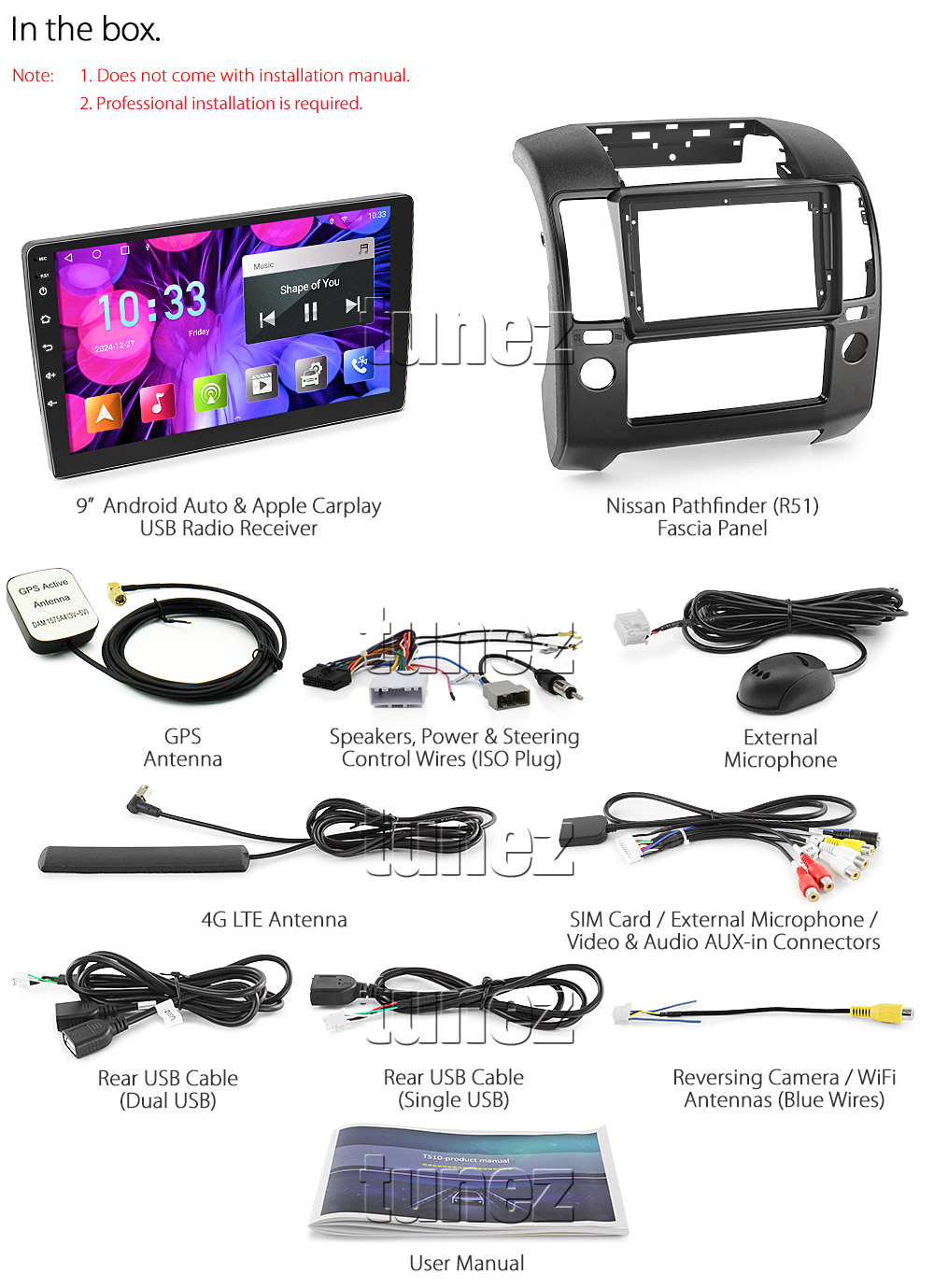 ND4001AND GPS Aftermarket Nissan Pathfinder R51 Year 2005 2006 2007 2008 2009 2010 2011 chassis large 9-inch touch screen Australia UK European USA Apple CarPlay Android Auto 13 Car USB player radio stereo 4G LTE WiFi head unit details Aftermarket External and Internal Microphone Bluetooth Europe Sat Nav Navi Plug and Play ISO Plug Wiring Harness Matching Fascia Kit Facia Free Reversing Camera Album Art ID3 Tag RMVB MP3 MP4 AVI MKV Full High Definition FHD CarPlay Air Play MirrorLink Mirror 1080p DAB+ Digital Radio DAB + Connects2 CTS-UNI-NISSAN CTSNS001.2 CTSNS003.2