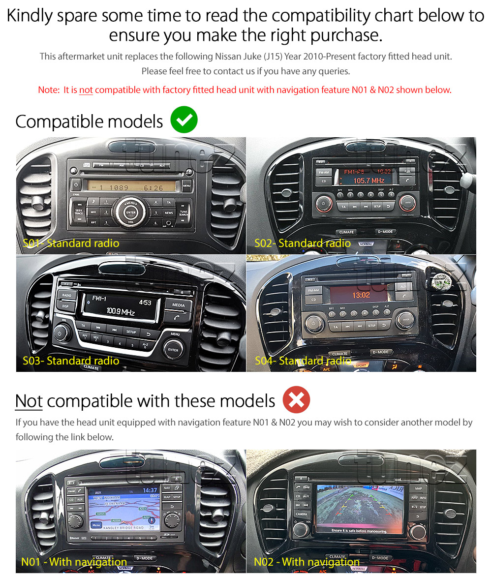 NJK01AND GPS Aftermarket Nissan Juke J15 Series Year 2010 2011 2012 2013 2014 2015 2016 2017 2018 2019 2020 capacitive 9 inches touchscreen Universal Double DIN Latest Australia UK European USA Original CarPlay Android Auto 10 Car USB player radio stereo 4G LTE WiFi head unit details Aftermarket External and Internal Microphone Bluetooth Europe Sat Nav Navi Plug and Play ISO Plug Wiring Harness Matching Fascia Kit Facia Free Reversing Camera Album Art ID3 Tag RMVB MP3 MP4 AVI MKV Full High Definition FHD 1080p DAB+ Digital Radio DAB + Connects2 CTSIZ001.2