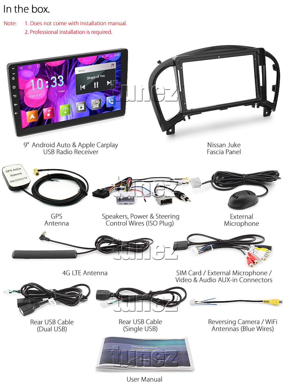 NJK01AND GPS Aftermarket Nissan Juke J15 Series Year 2010 2011 2012 2013 2014 2015 2016 2017 2018 2019 2020 capacitive 9 inches touchscreen Universal Double DIN Latest Australia UK European USA Original CarPlay Android Auto 10 Car USB player radio stereo 4G LTE WiFi head unit details Aftermarket External and Internal Microphone Bluetooth Europe Sat Nav Navi Plug and Play ISO Plug Wiring Harness Matching Fascia Kit Facia Free Reversing Camera Album Art ID3 Tag RMVB MP3 MP4 AVI MKV Full High Definition FHD 1080p DAB+ Digital Radio DAB + Connects2 CTSIZ001.2